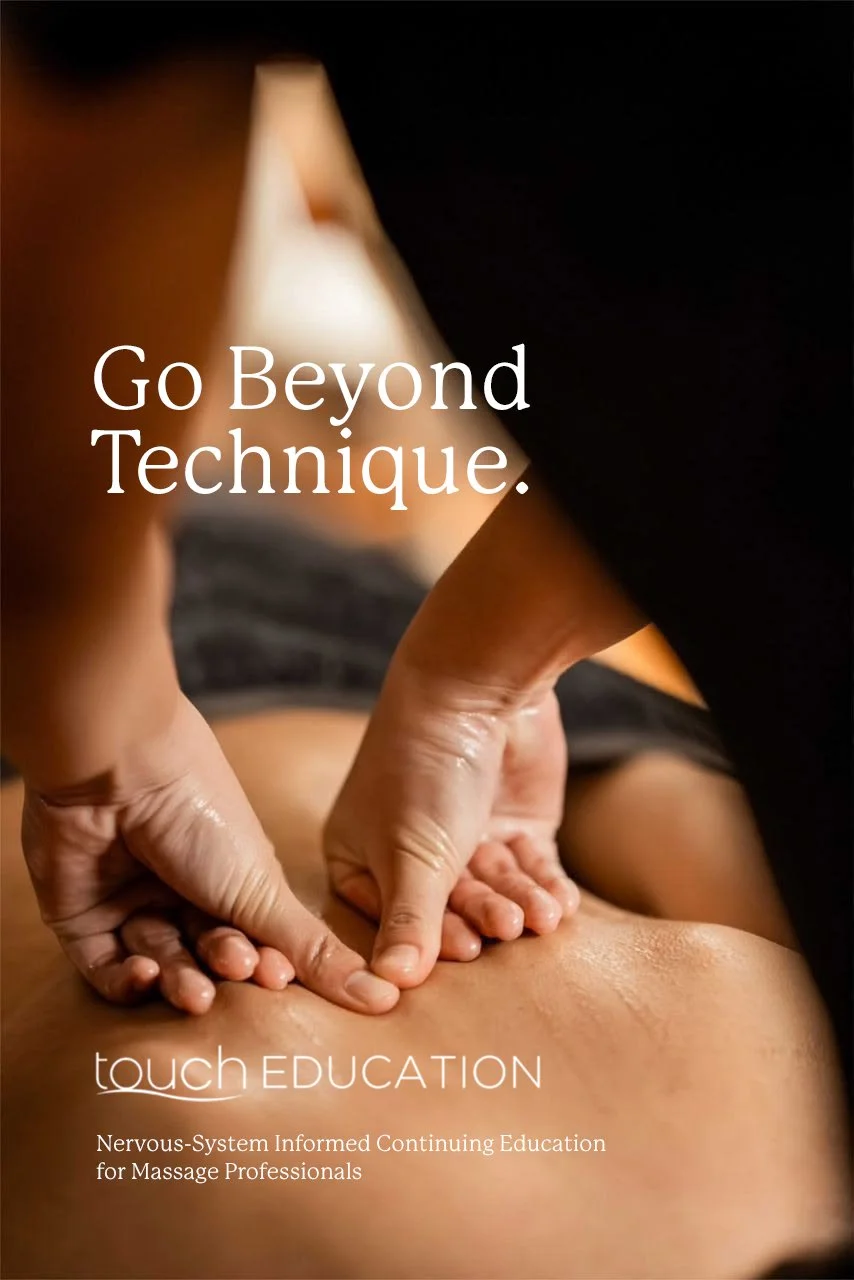 Close-up of a massage therapist's hands applying pressure to a person's back during a massage session, with the text 'Go Beyond Technique' and 'touch EDUCATION' overlaid.