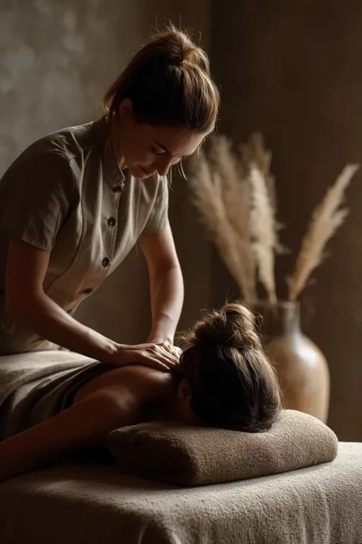 A woman giving a massage to another woman lying face down on a massage table in a dimly lit room with decorative dried plants in the background.
