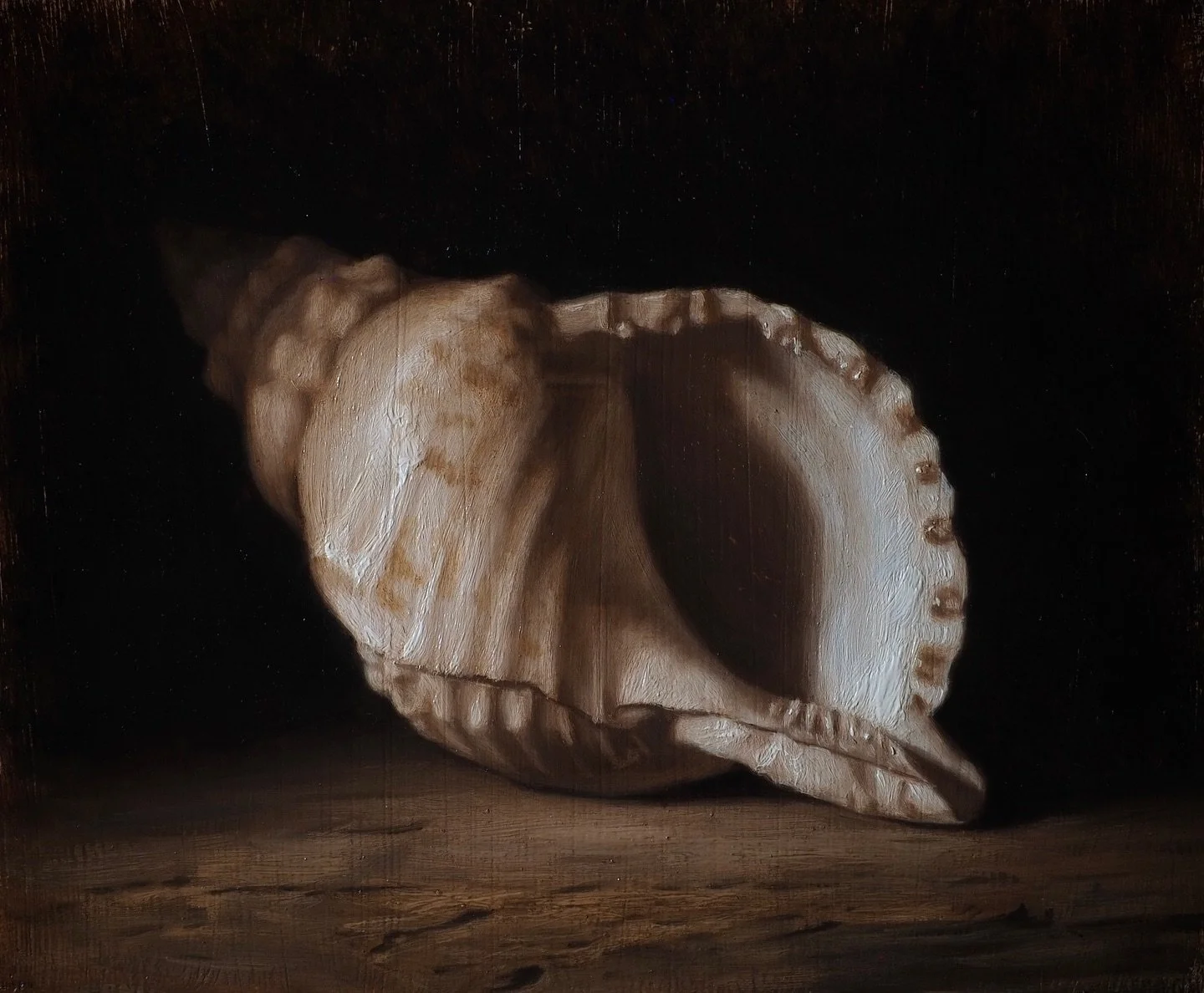 Another small still life from last year. I have always been intrigued by simplicity in pictorial composition and this giant triton seashell has long been waiting to be painted &hellip;

&bull;

Sound of the Sea
(Klang des Meeres)

2025
Oil on panel
3