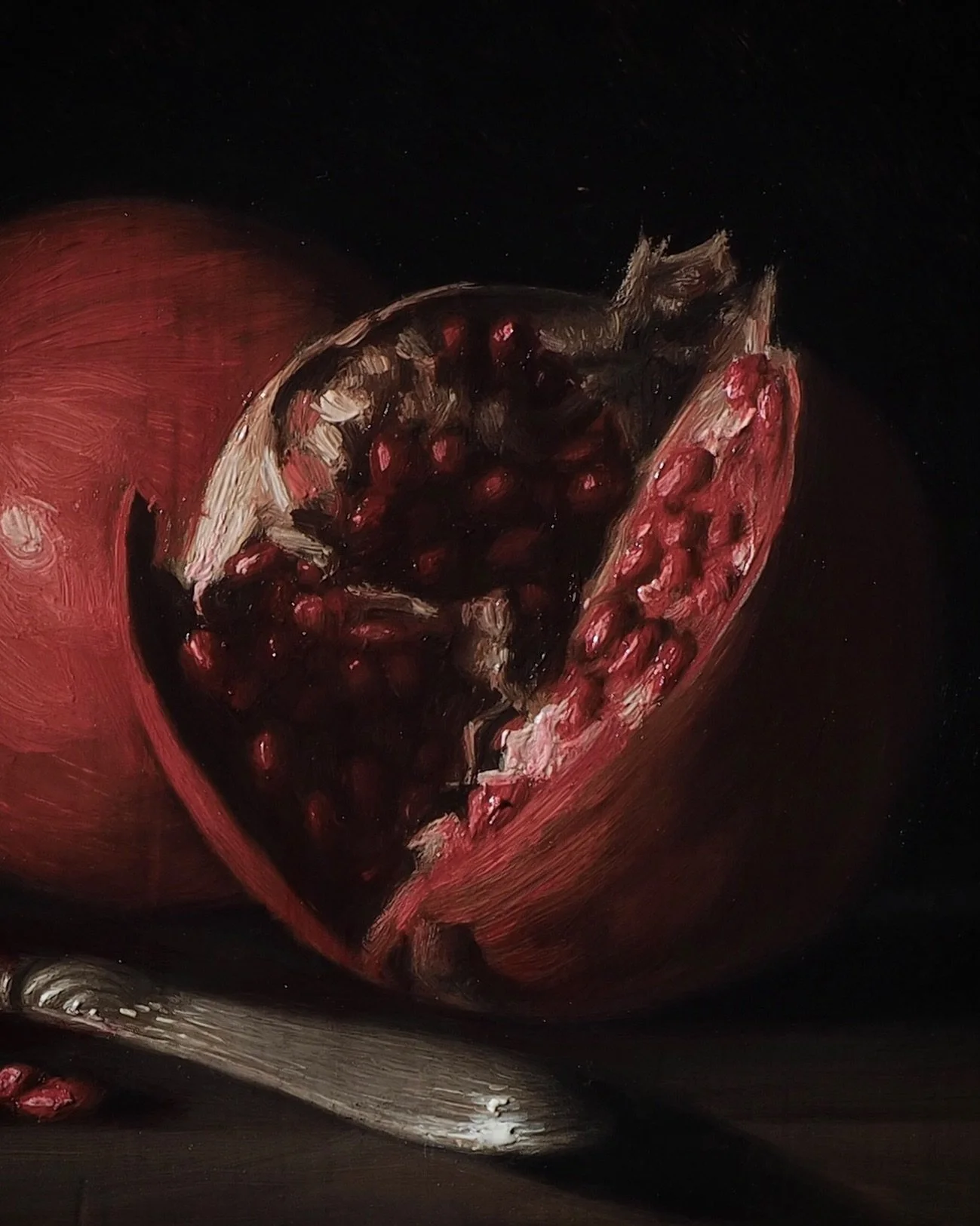 A detail from a small still life depicting some lovely pomegranates &hellip;

You shall give what you receive &mdash; someone gave me this pomegranate as a gift, so a few weeks later I gave them this painting in return.

&bull;

#carlnikolasvontiedem
