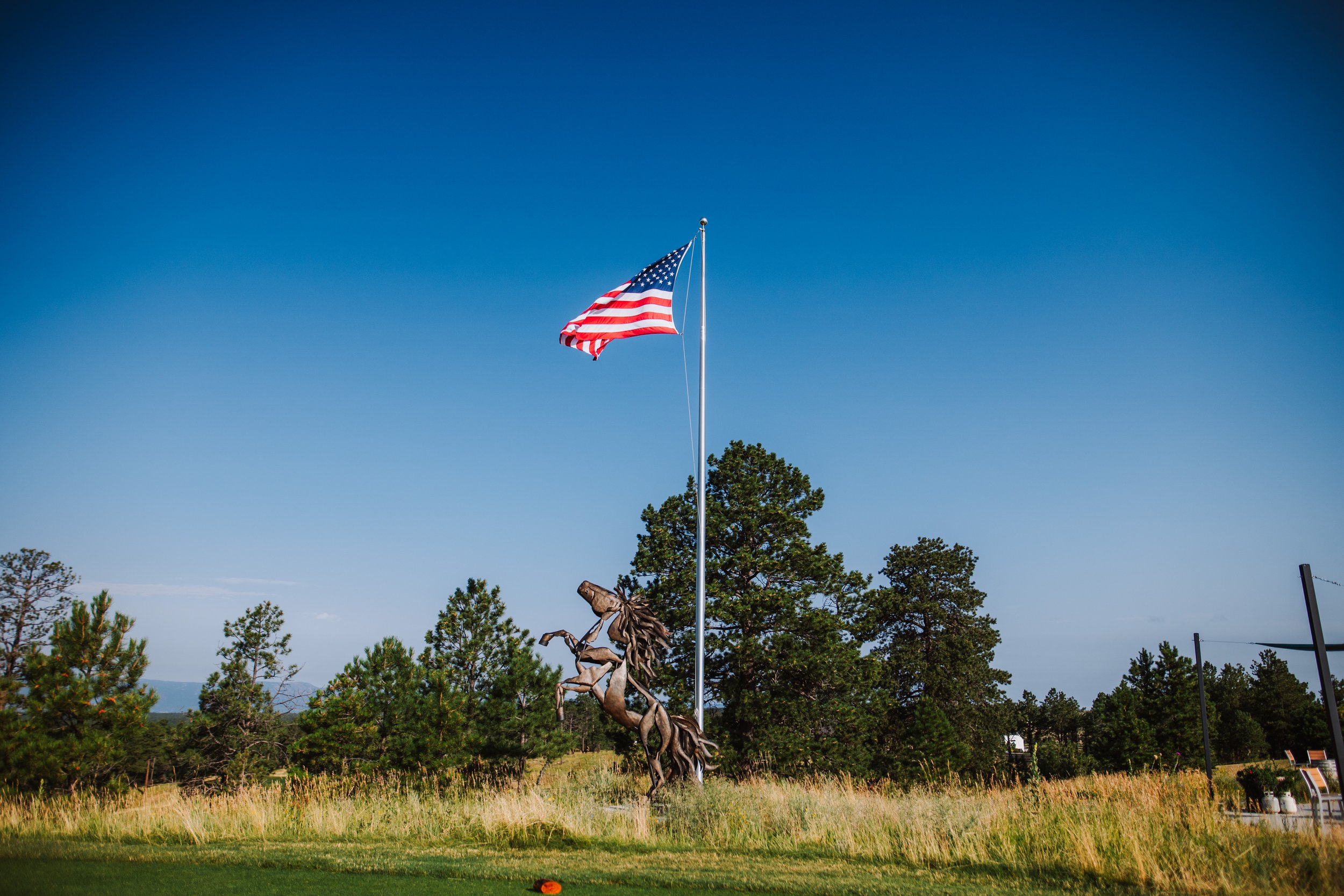 american flag and horse statue at flying horse north