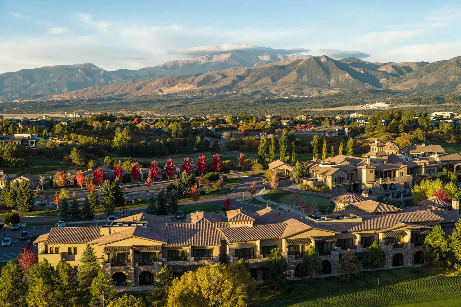 aerial image above the hotel with pikes peak