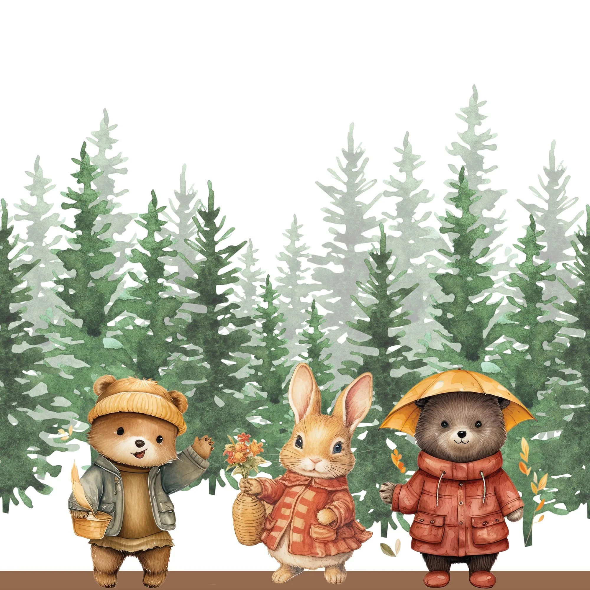 Kids Cabin friendly woodland creatures dressed in clothes with a forrest background