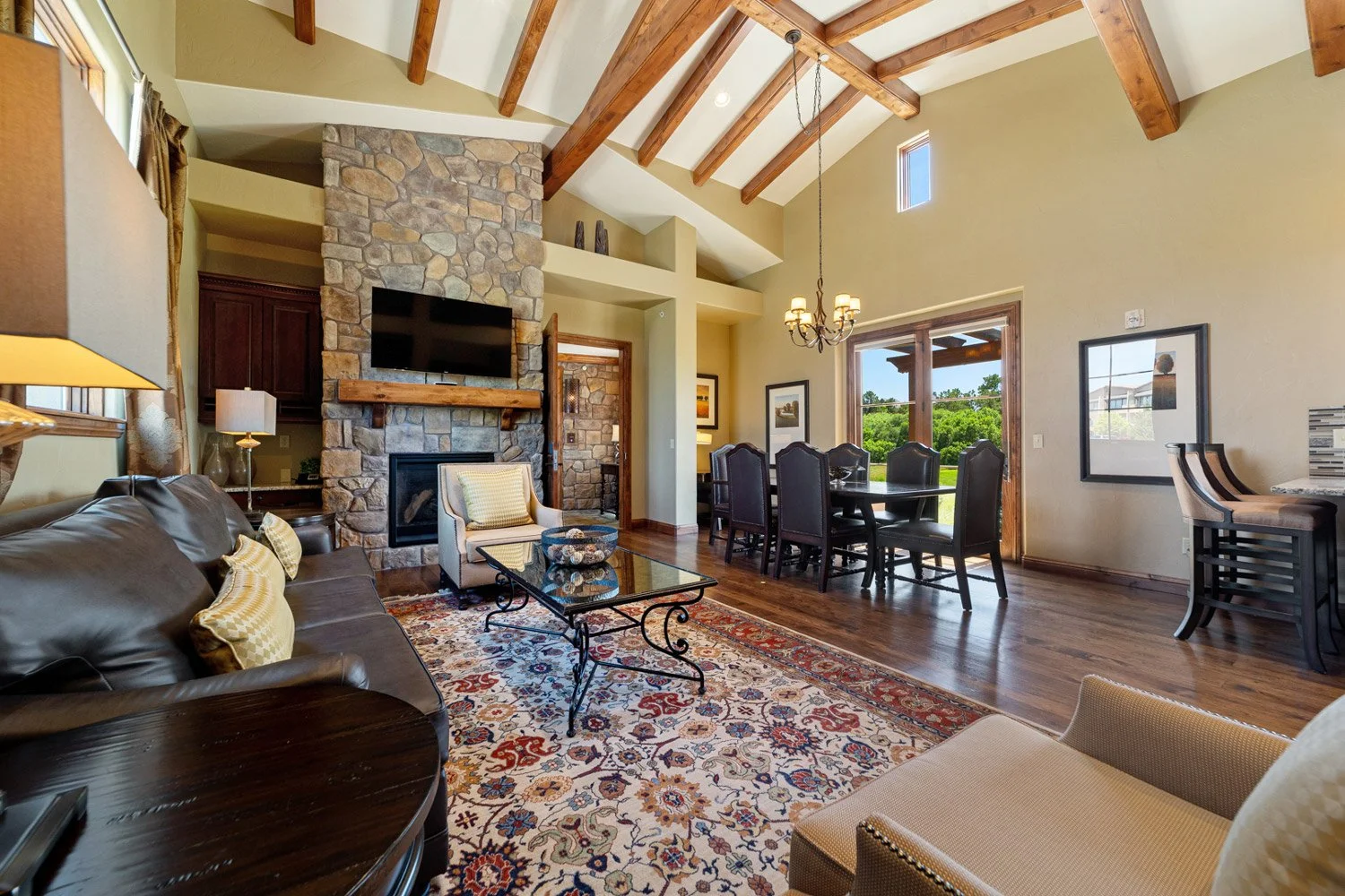 Villa interior living area with luxurious fireplace