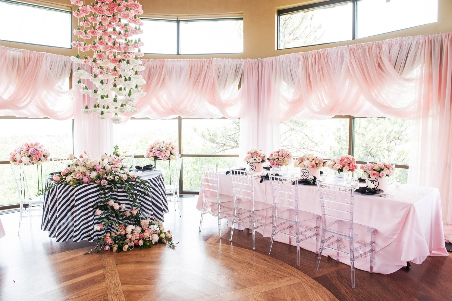 pink decorations and flowers for bridal shower event in colorado springs
