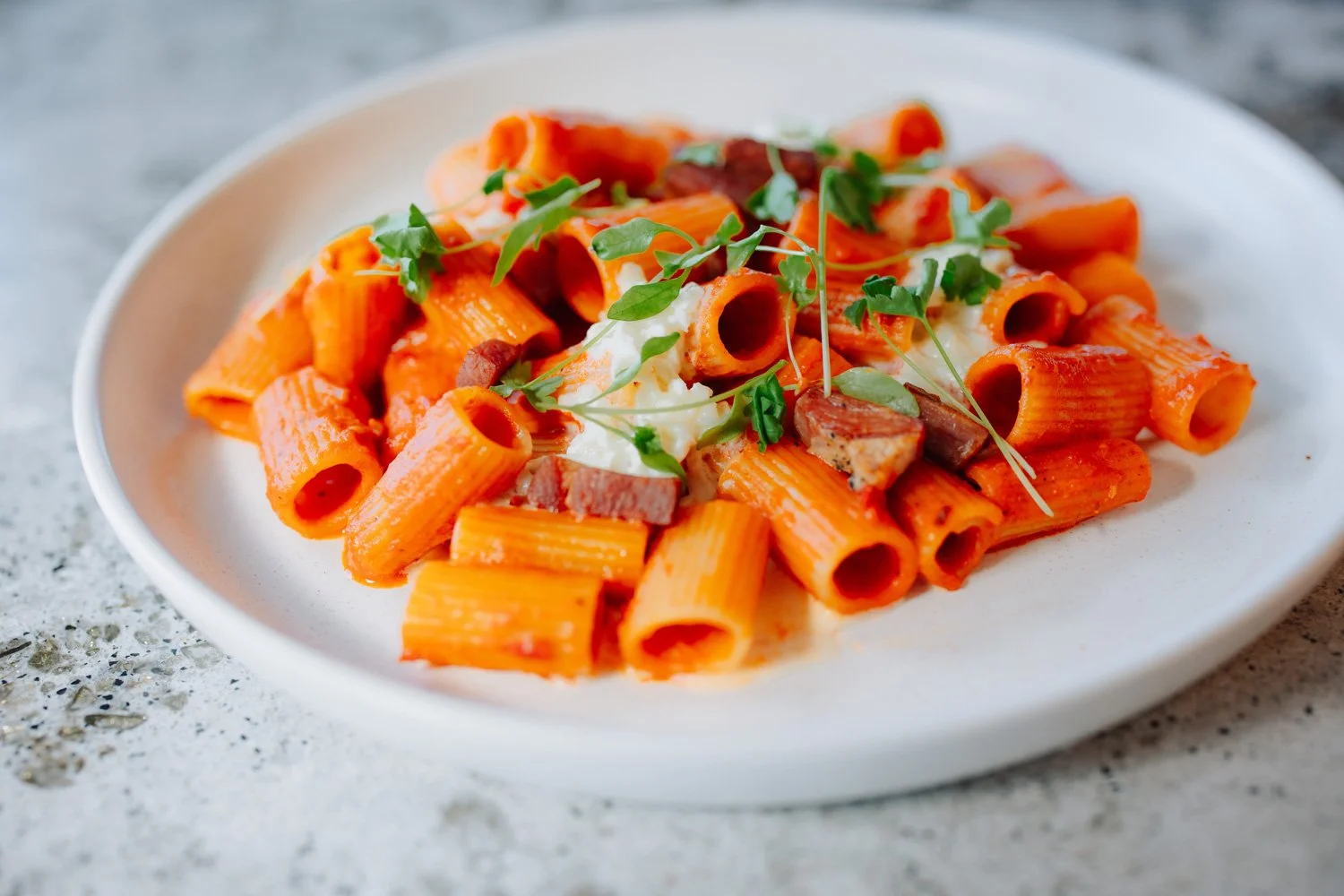 A white plate of rigatoni pasta with tomato sauce, garnished with fresh herbs, bacon, and cheese, on a gray textured surface.