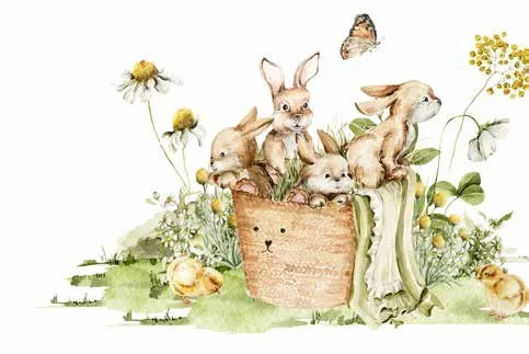 Cute illustration of baby rabbits and a butterfly among flowers and grass.