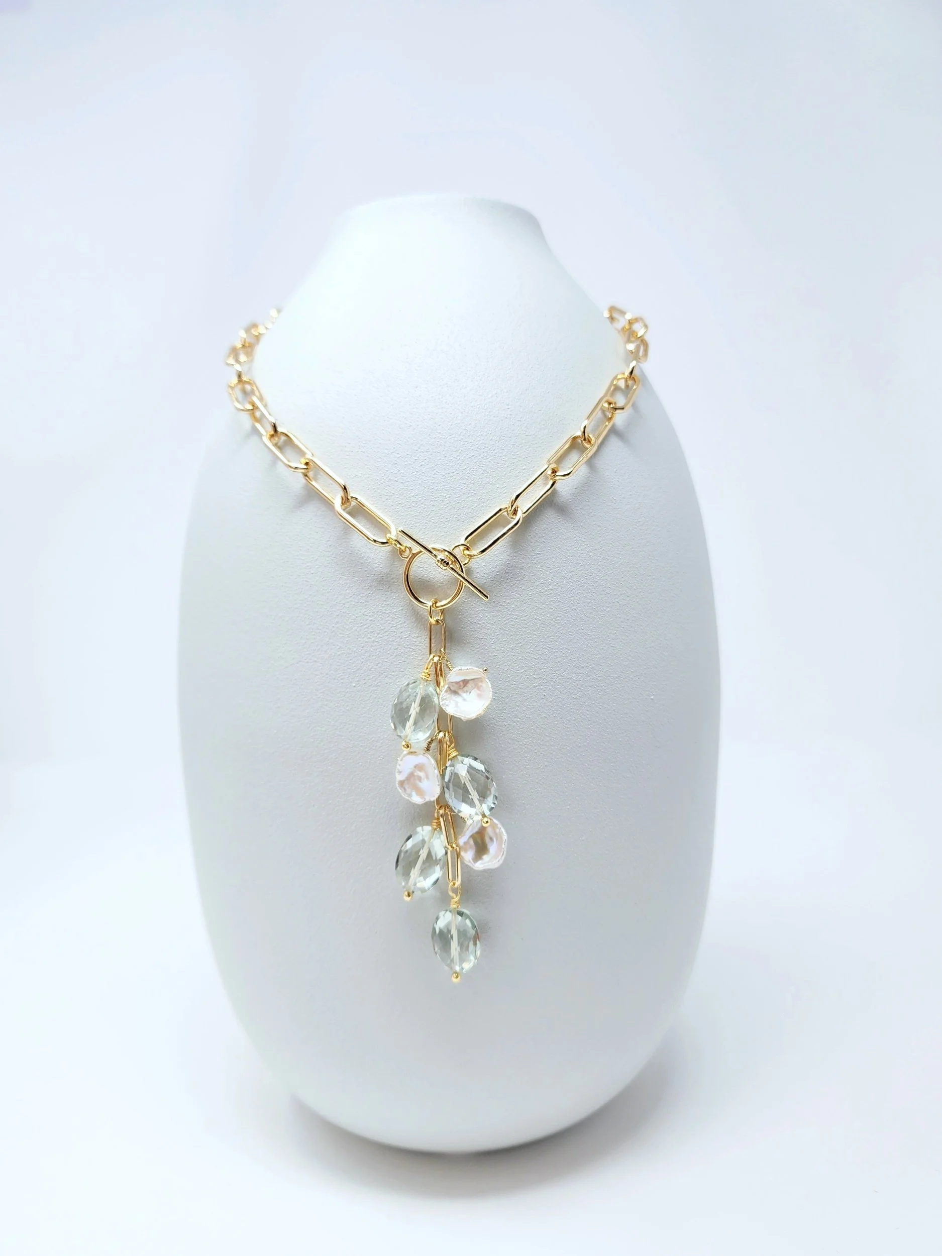 Green Amethyst & Keshi Pearl Waterfall Necklace – Heart Chakra Jewelry for Love and Compassion