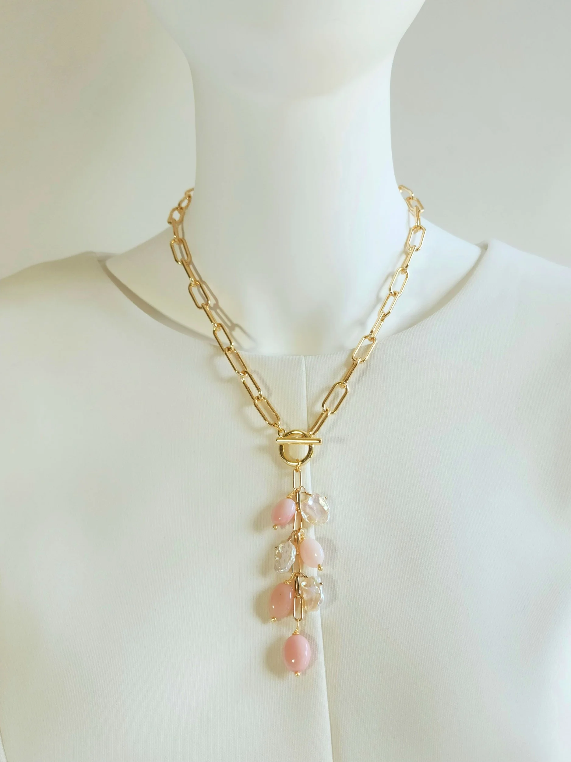 Pink Opal and Keshi Waterfall Necklace