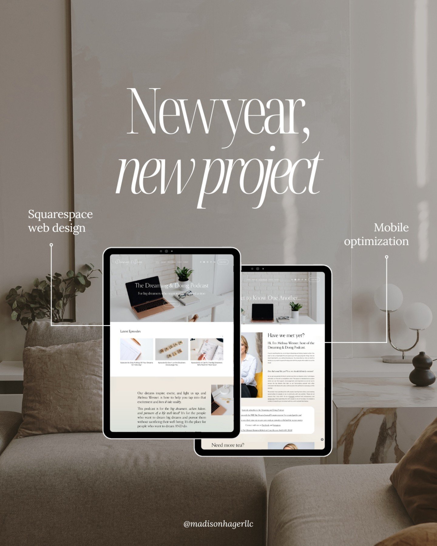 Ringing in 2024 with my first web design project of the new year! 🎉

I had the pleasure of working with @melissa_wesner_ to help create a brand new Squarespace website for her podcast, Dreaming &amp; Doing, which launched Jan 2nd.

This website feat