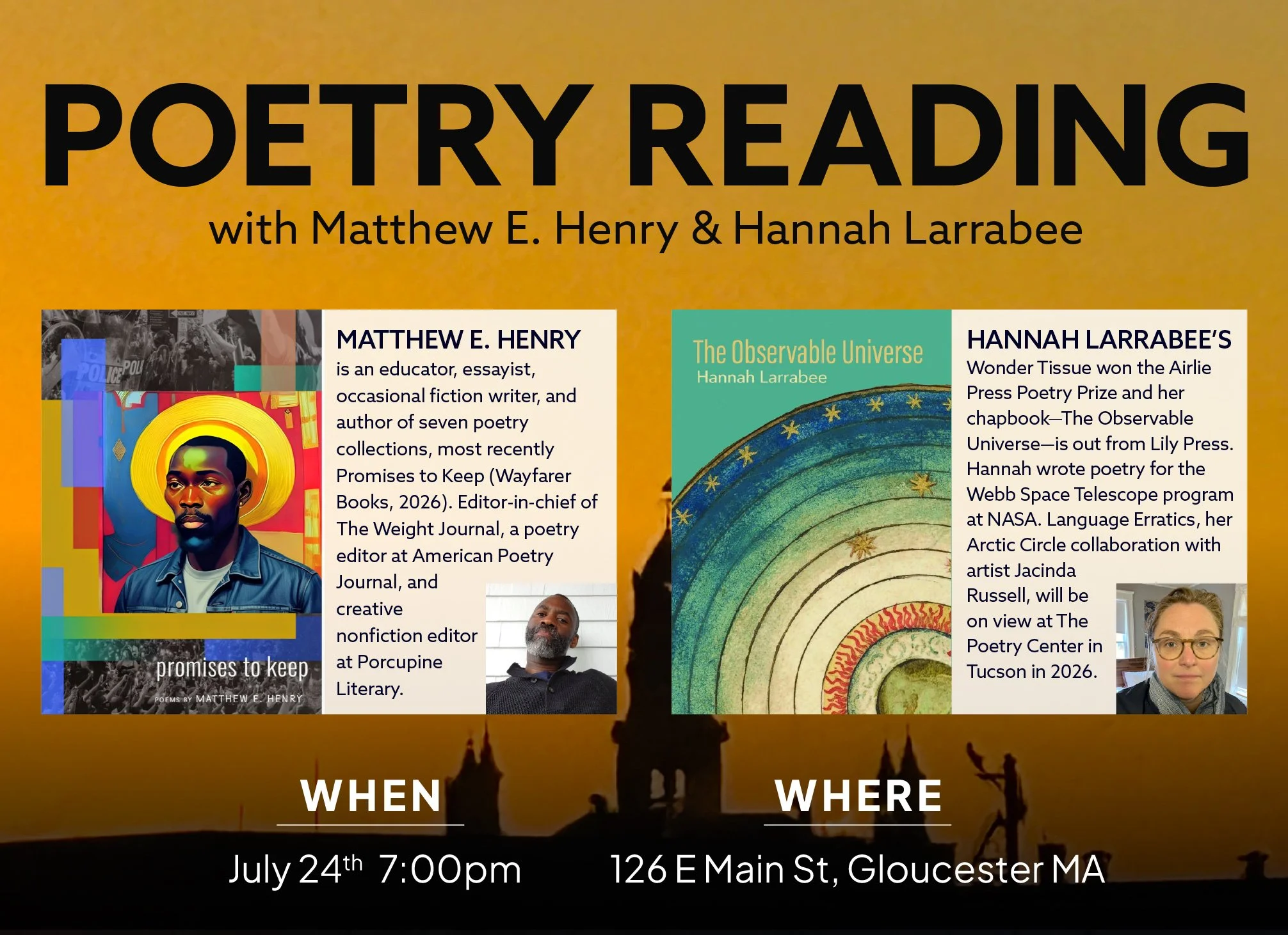 A yellow poster announces a poetry reading with Matthew E. Henry and Hannah Larrabee. The covers of two books are depicted.