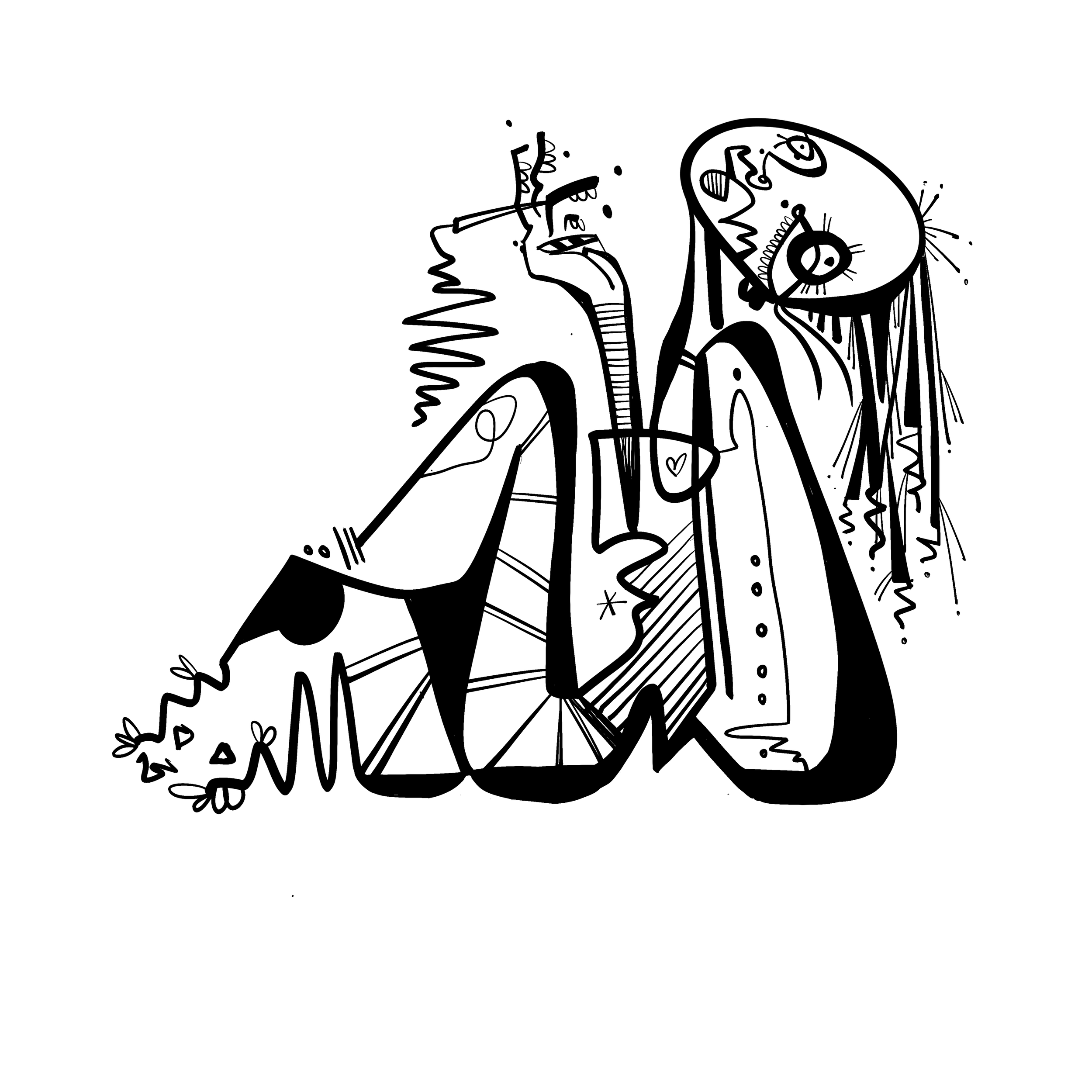 Black and white abstract line drawing of a person with long hair, exaggerated facial features, and expressive posture, holding a drink with a straw.