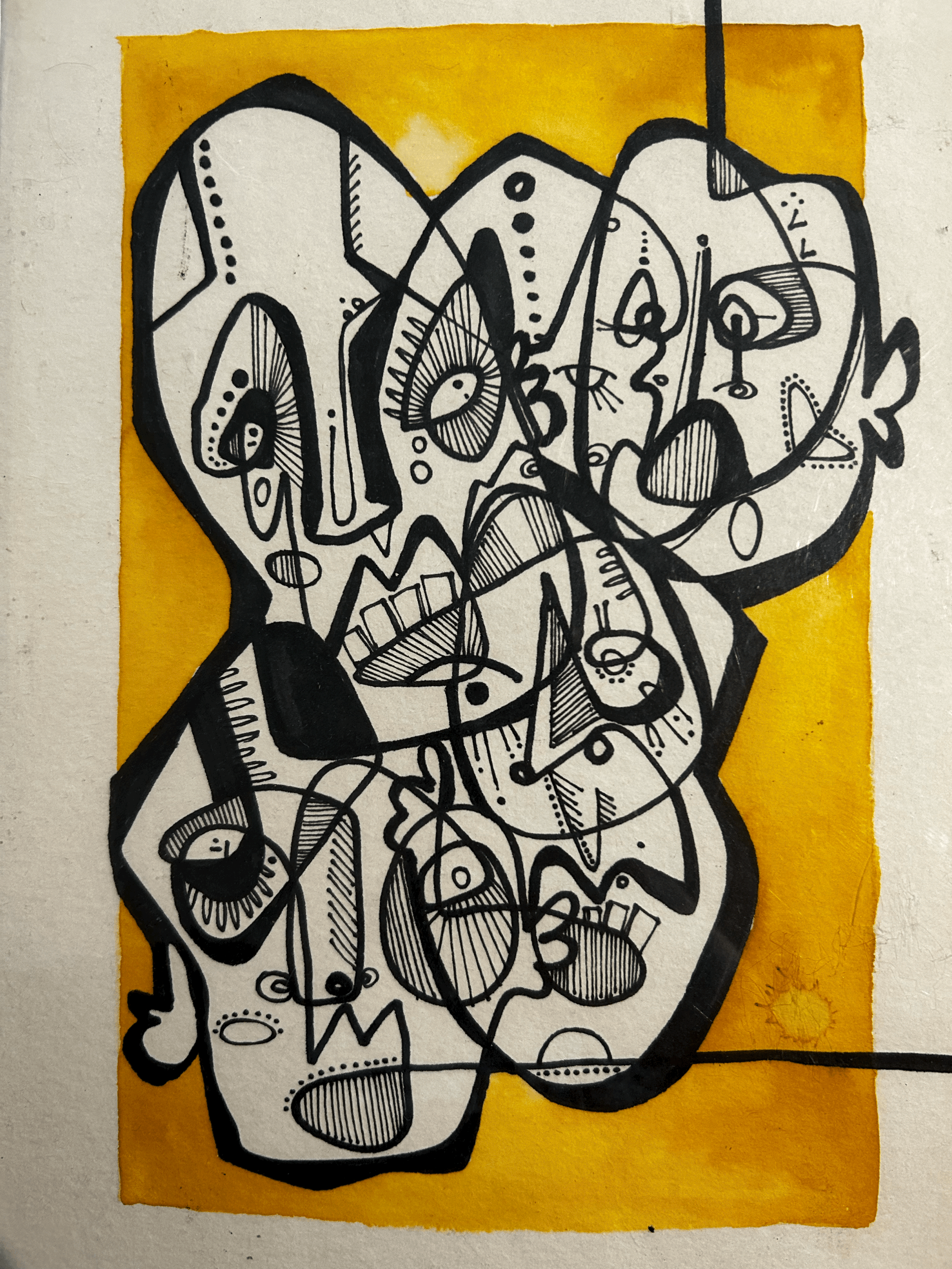 Abstract black and white line art drawing of faces and shapes on a yellow background.