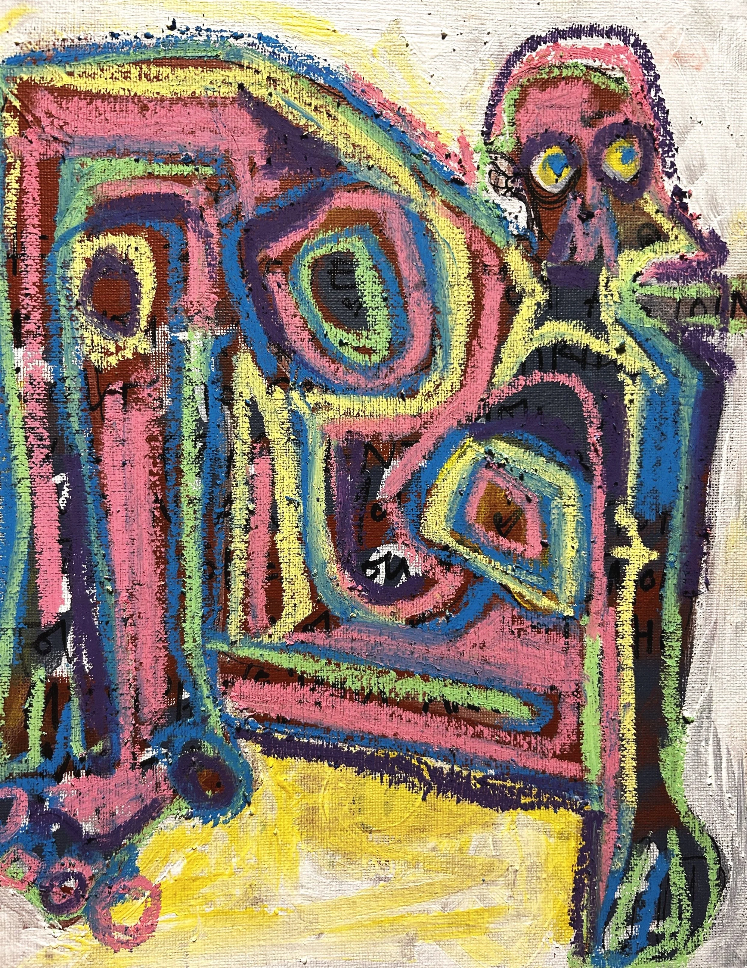 Abstract colorful painting with swirling shapes, bright pink, yellow, blue, green, and purple, featuring a smiling face with big round eyes near the top right.