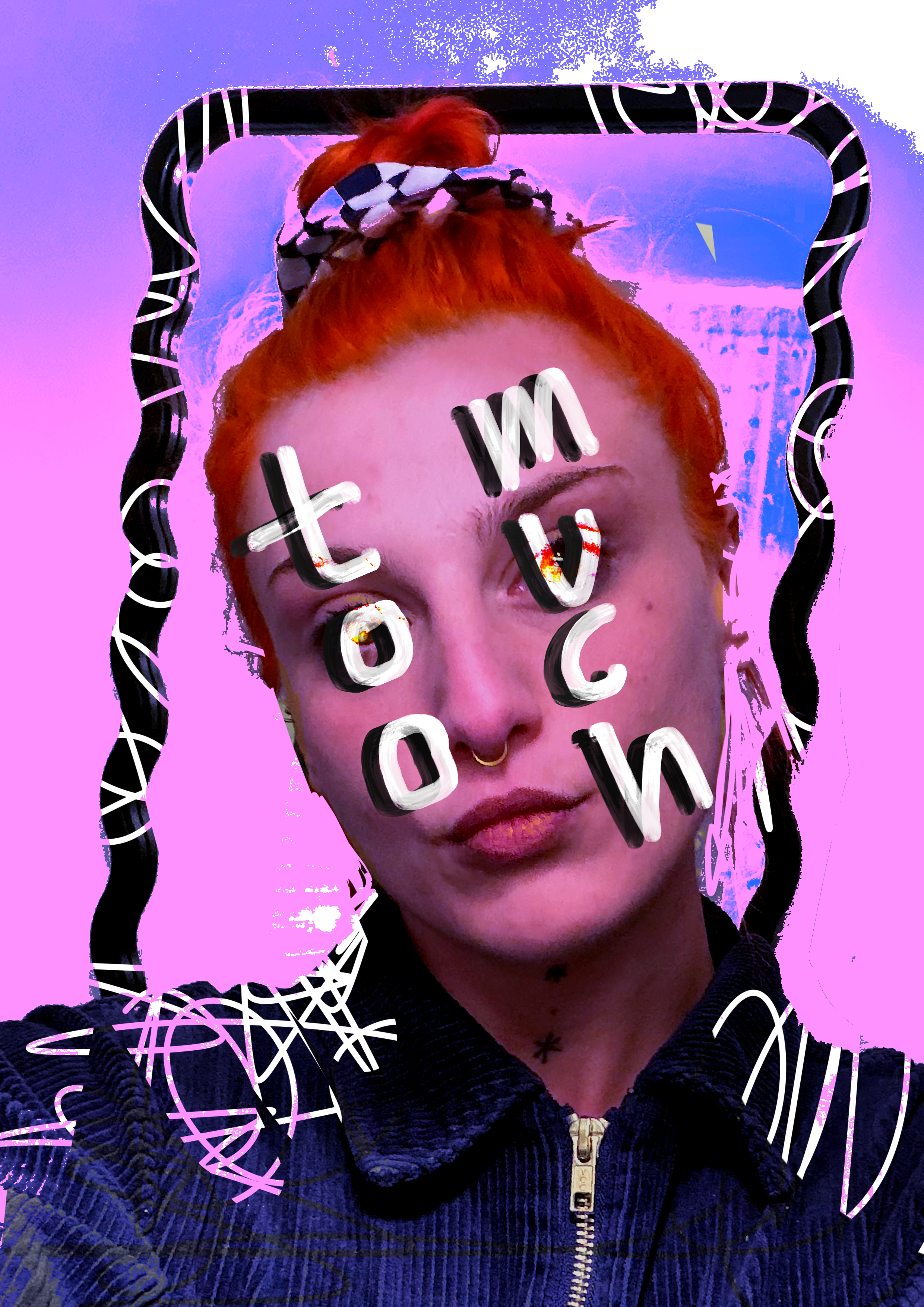 A woman with bright red hair tied in a bun, wearing a black and white checkered hair accessory, shows a confident facial expression. Text 'NOT YOUR VAN' is overlaid on her face in bold white and black letters. The background is a vibrant purple-pink 