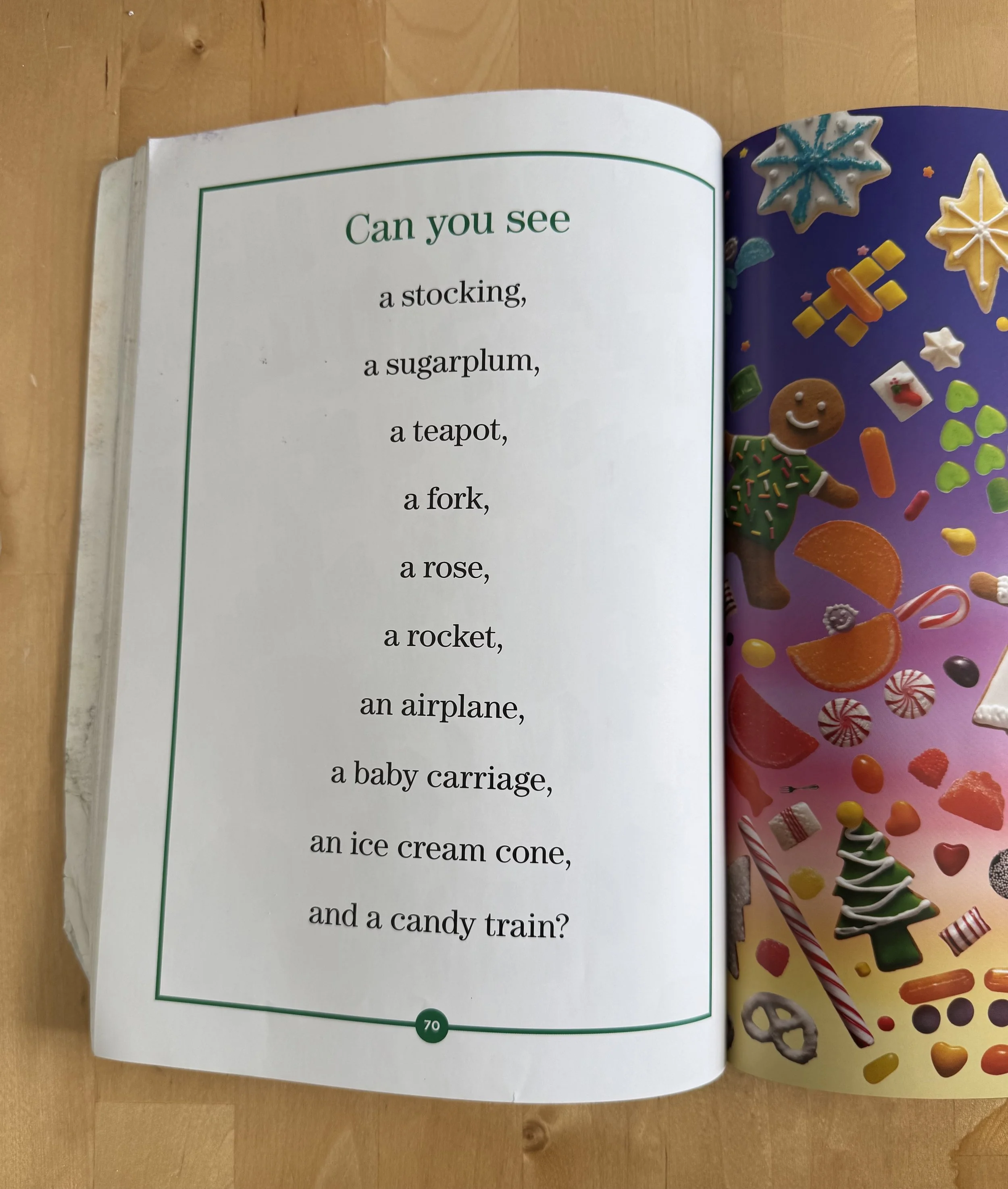 Open book with a poem and colorful candy decorations on the right page, page number 70 at the bottom.