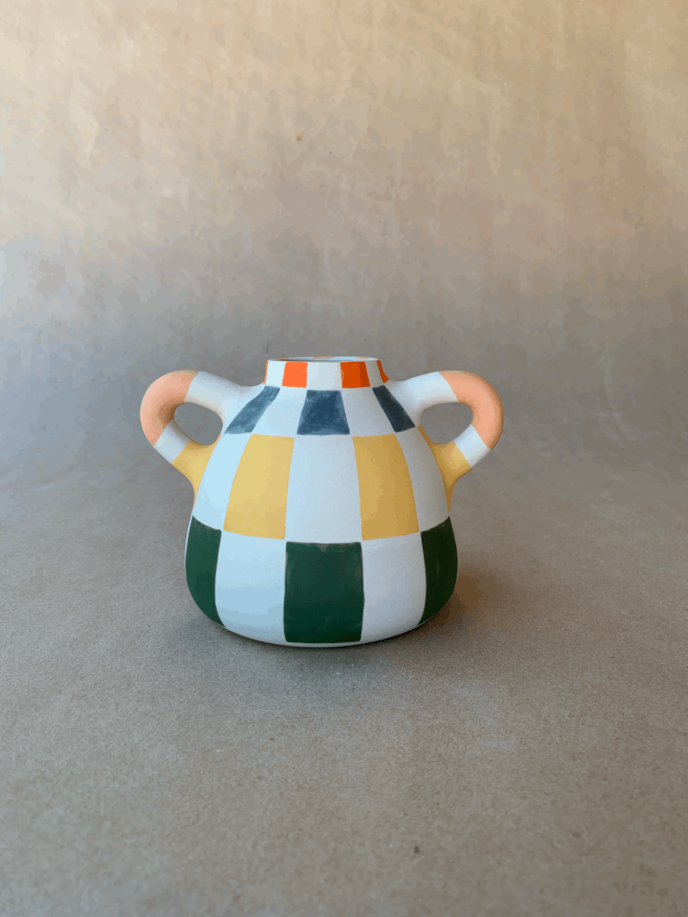 Handmade checkered ceramic vase with two handles by Ware Ware Studio