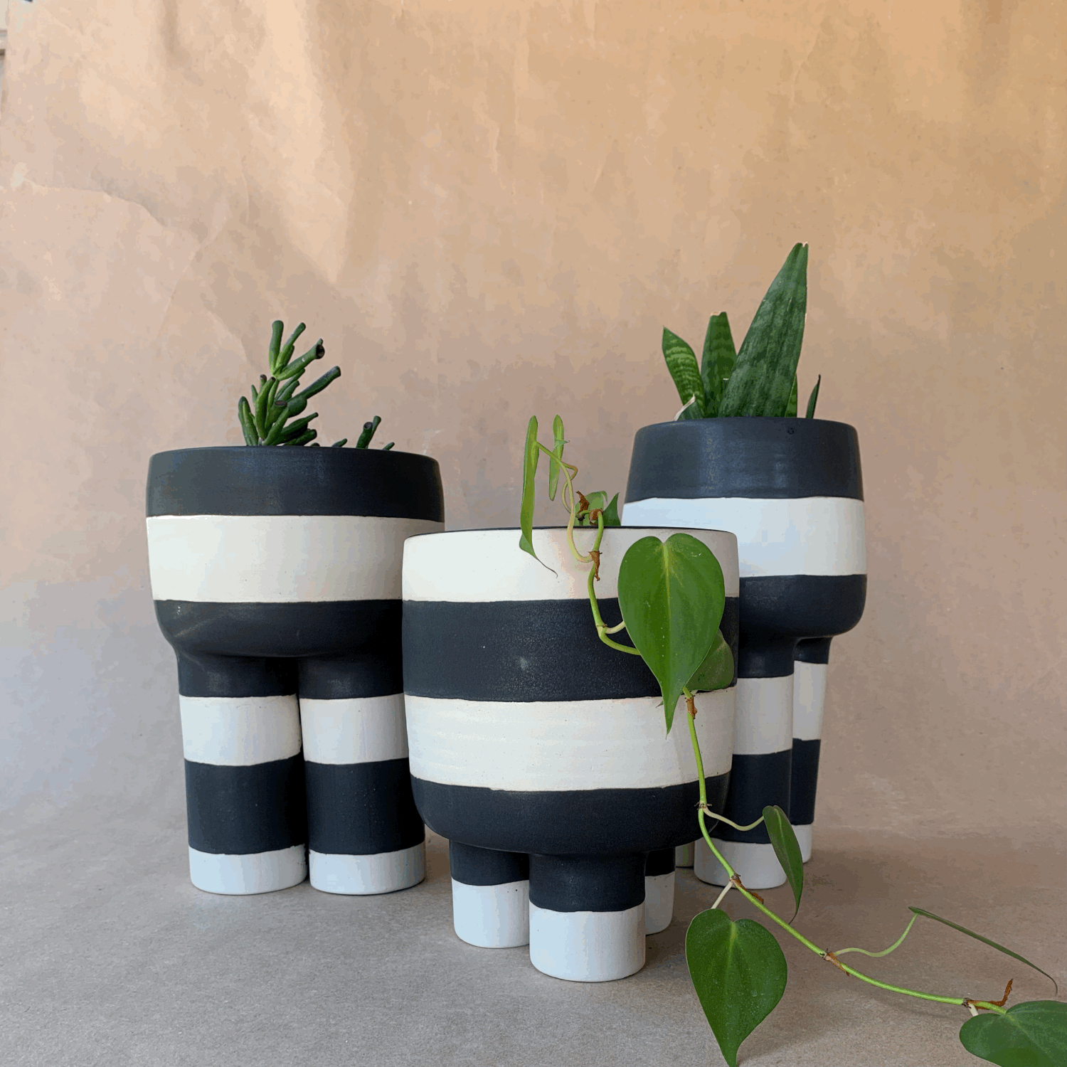 Three Legged Planter with black and white stripes