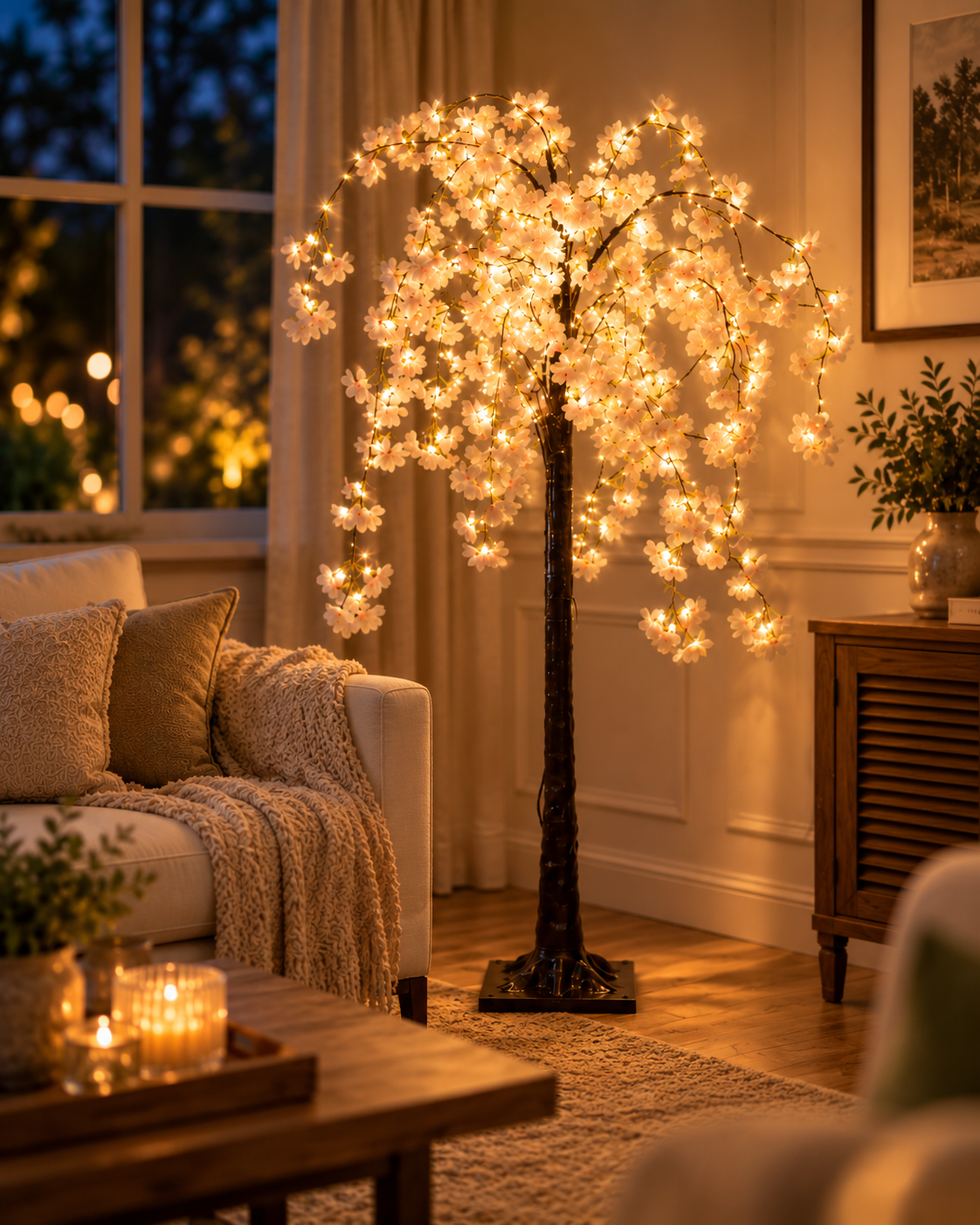 Cherry Blossom Tree Floor Lamp Creating a Cozy Ambiance Beside a Sofa and Coffee Table