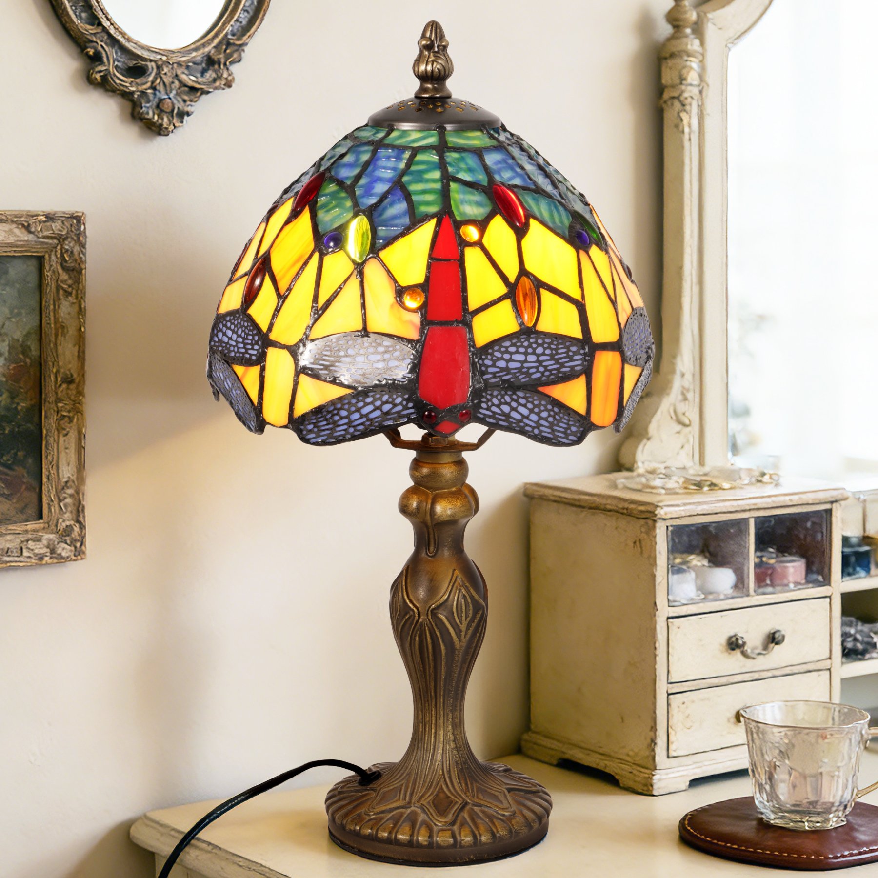 Dragonfly Stained Glass Bedside Desk Table Lamp Vintage Bronze Decorative Lamp