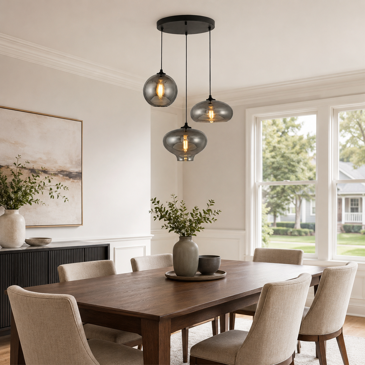 3-Light Smoke Gray Glass Cluster Pendant Light DS-DY08