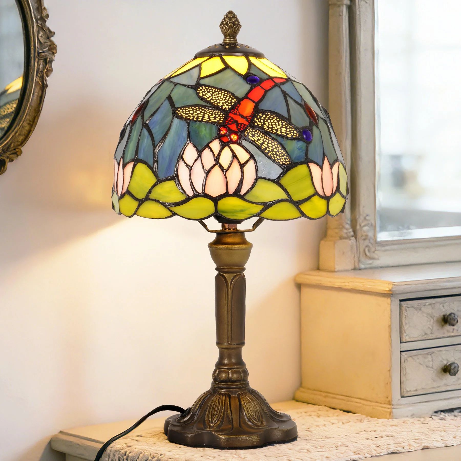 Dragonfly Lotus Stained Glass Table Lamp Vintage Bronze Decorative Lamp For Bedroom Living Room