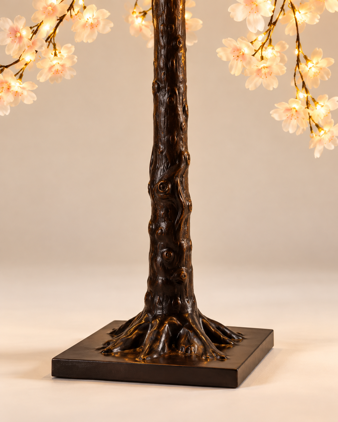 Close-Up of the Textured Tree Trunk and Square Base of the Cherry Blossom Floor Lamp