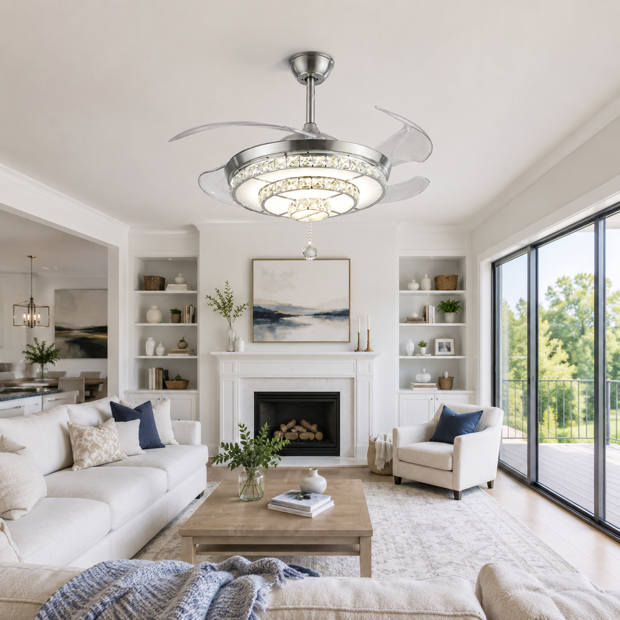 42" Retractable Crystal Ceiling Fan with LED Light and Remote Control DS-BL31