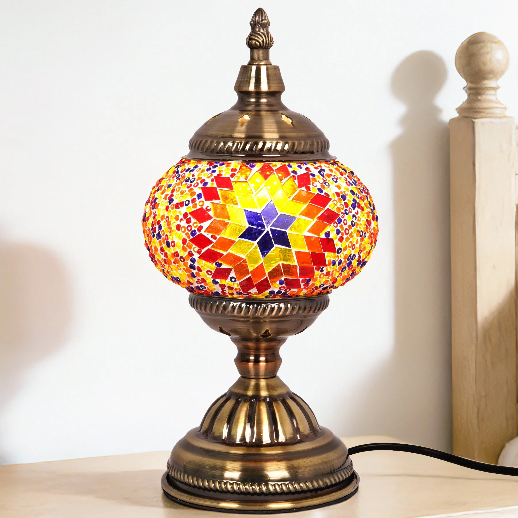 Mosaic Sunflower Colorful Table Lamp Antique Bronze Iron Glass E26 Warm Light Bulb Line Switch for Bedroom Living Room