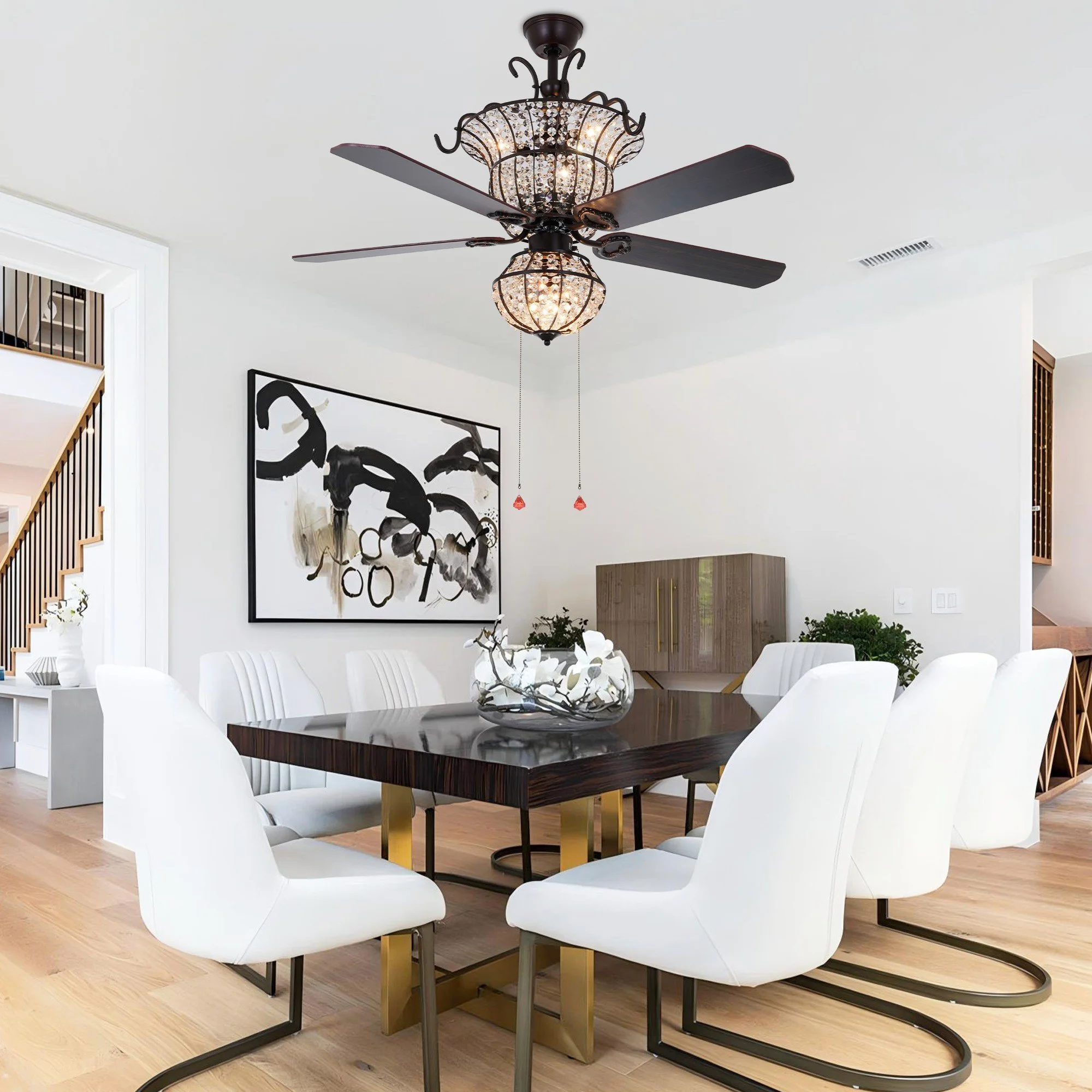 52" Vintage Crystal Ceiling Fan with Light, Wood Blades & Wall Control DS-FM22