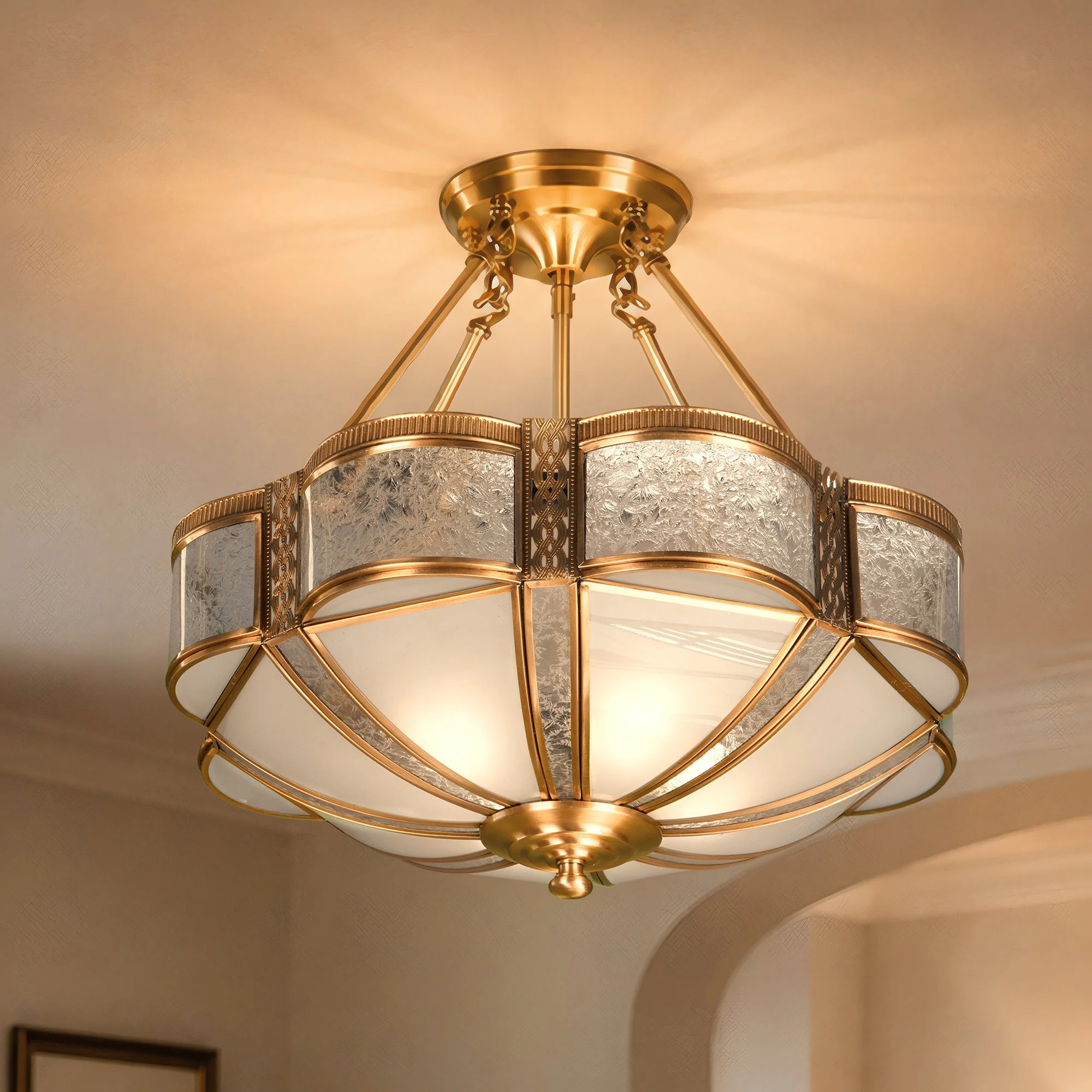 Copper American Semi Flush Mount Ceiling Light Glass Chandelier For Living Room Bedroom DS-DY140