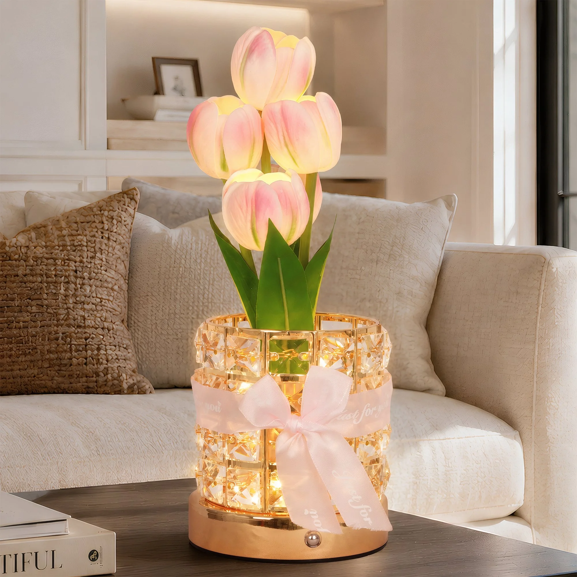 Crystal Pink Tulip Flower Table Lamp Touch Control 3 Color Light With USB Charging