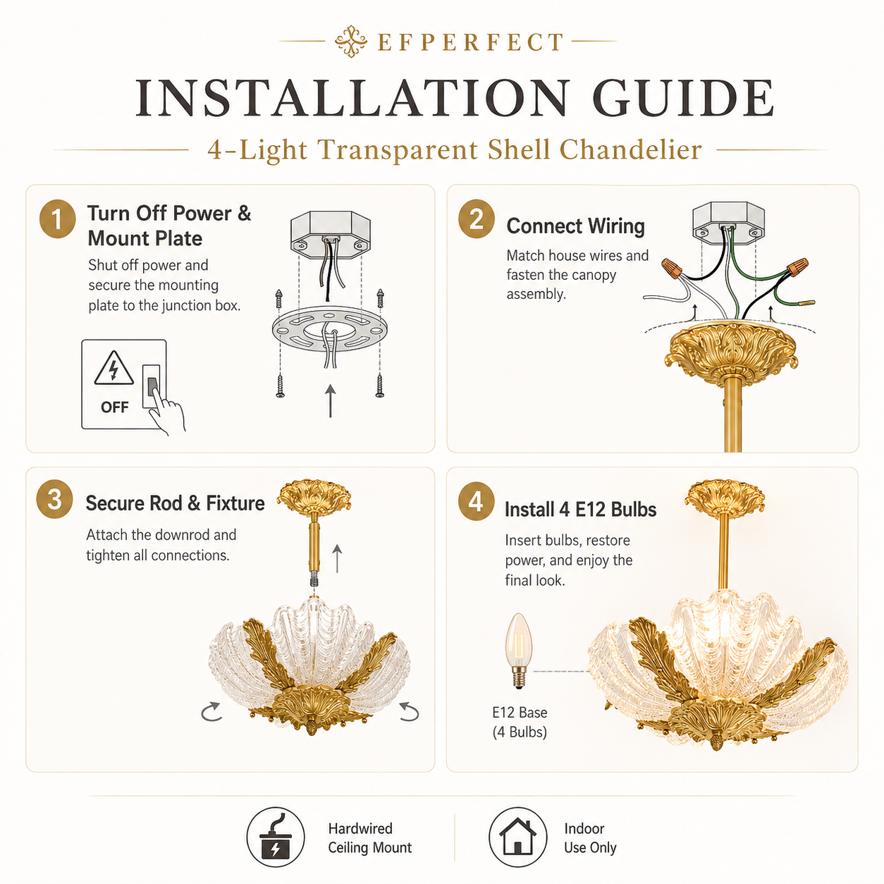 Installation guide for the DS-DG01 4-light chandelier showing ceiling mounting, wiring and E12 bulb installation