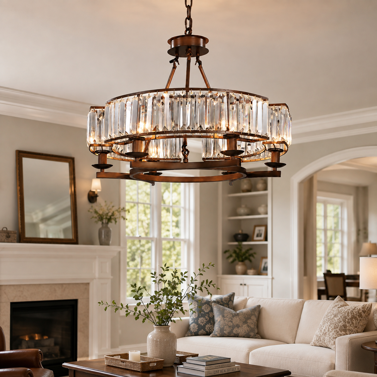 6-Light Bronze Crystal Chandelier, Modern Ring Hanging Light Fixture for Dining Room & Living Room DS-SL06