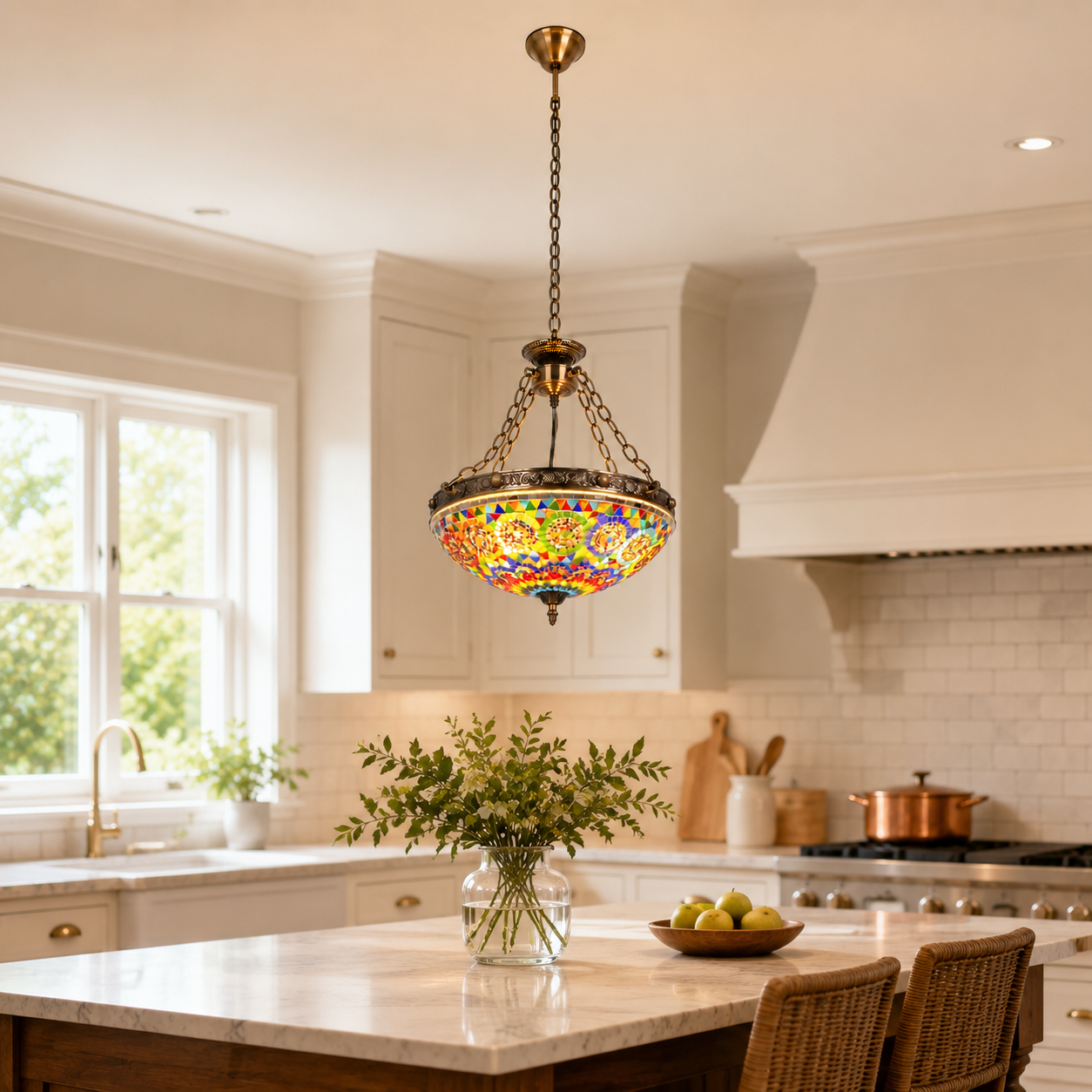 Vintage 4-Light Chain-Hung Mosaic Glass Pendent Light For Dinning Room Living Room