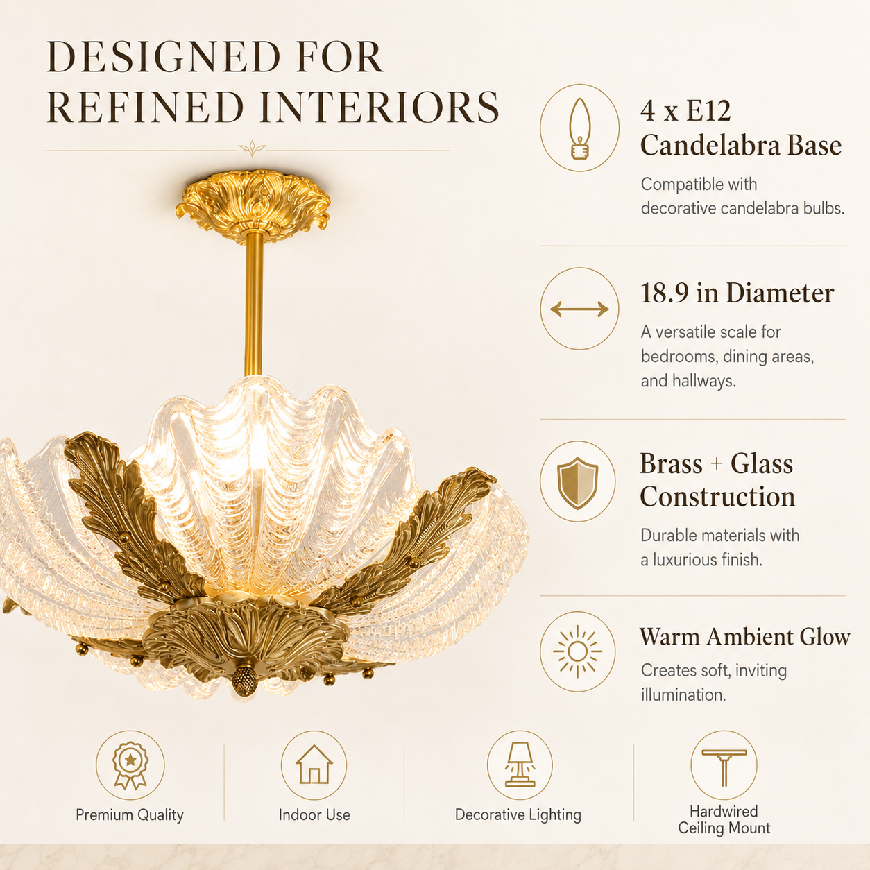 4-light shell glass chandelier with E12 bulb bases, 18.9-inch diameter, brass construction and warm ambient glow