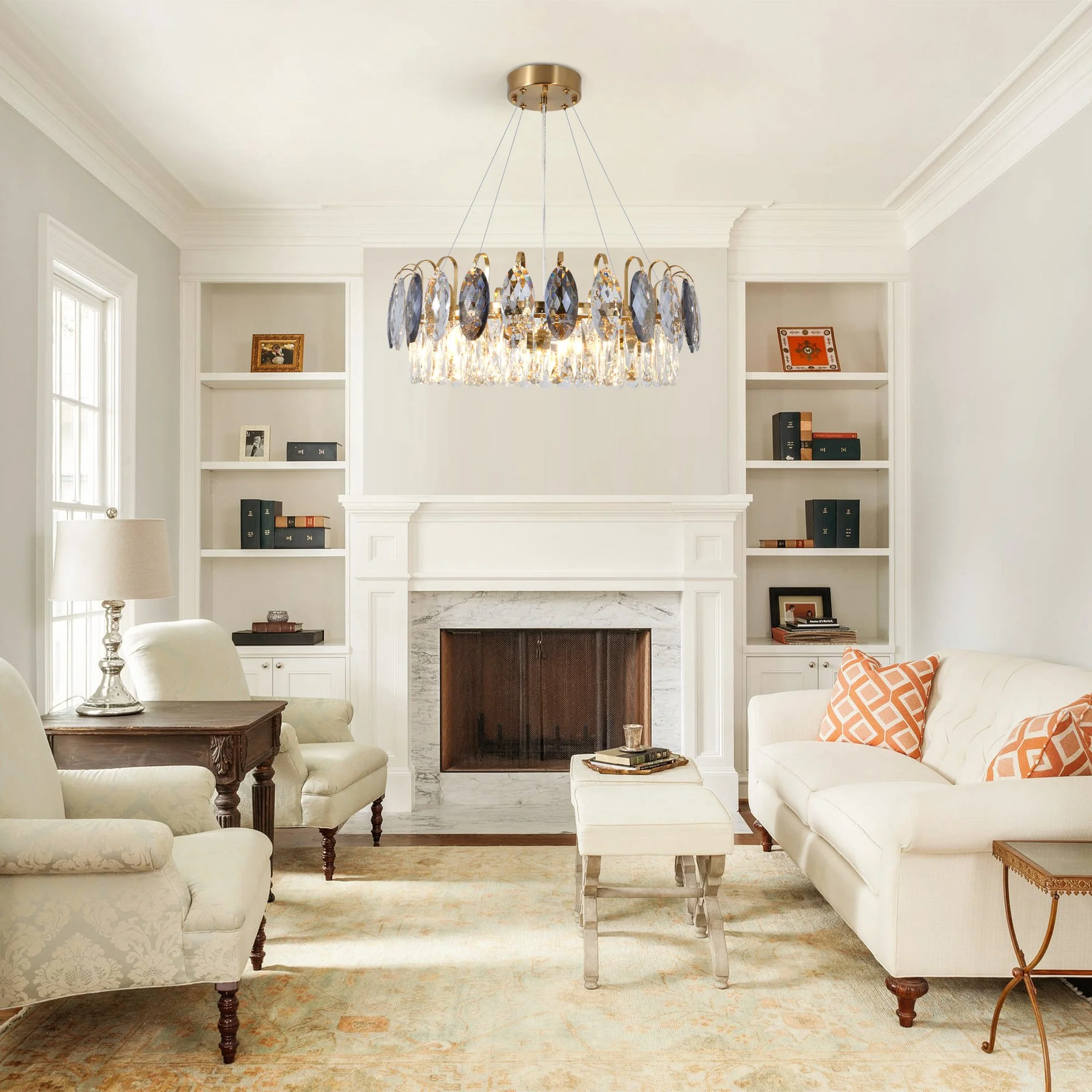 24-inch round crystal chandelier in bright modern living room