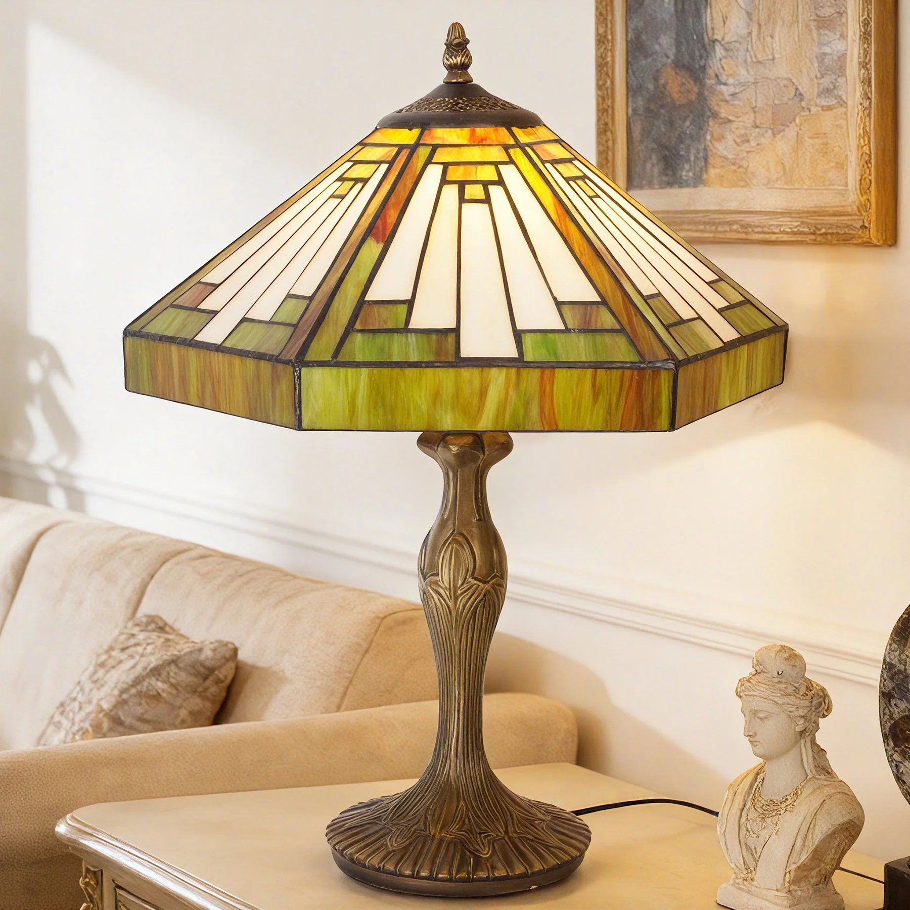 Polygon Tiffany Table Lamp Antique Bronze Colorful Glass Resin E26 US Plug Line Switch for Bedroom Living Room