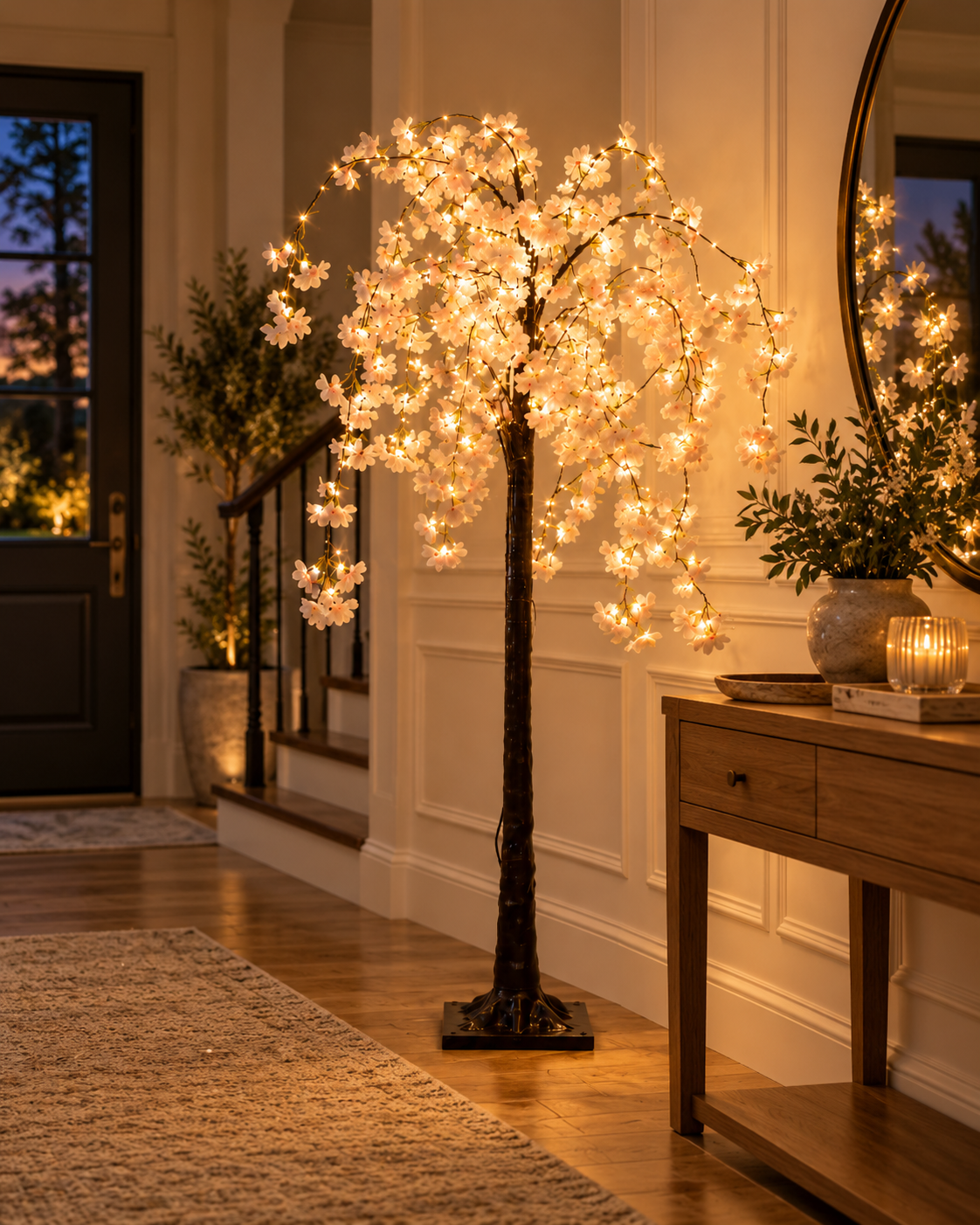 Glowing Cherry Blossom Tree Floor Lamp in a Stylish Living Room with Large Windows