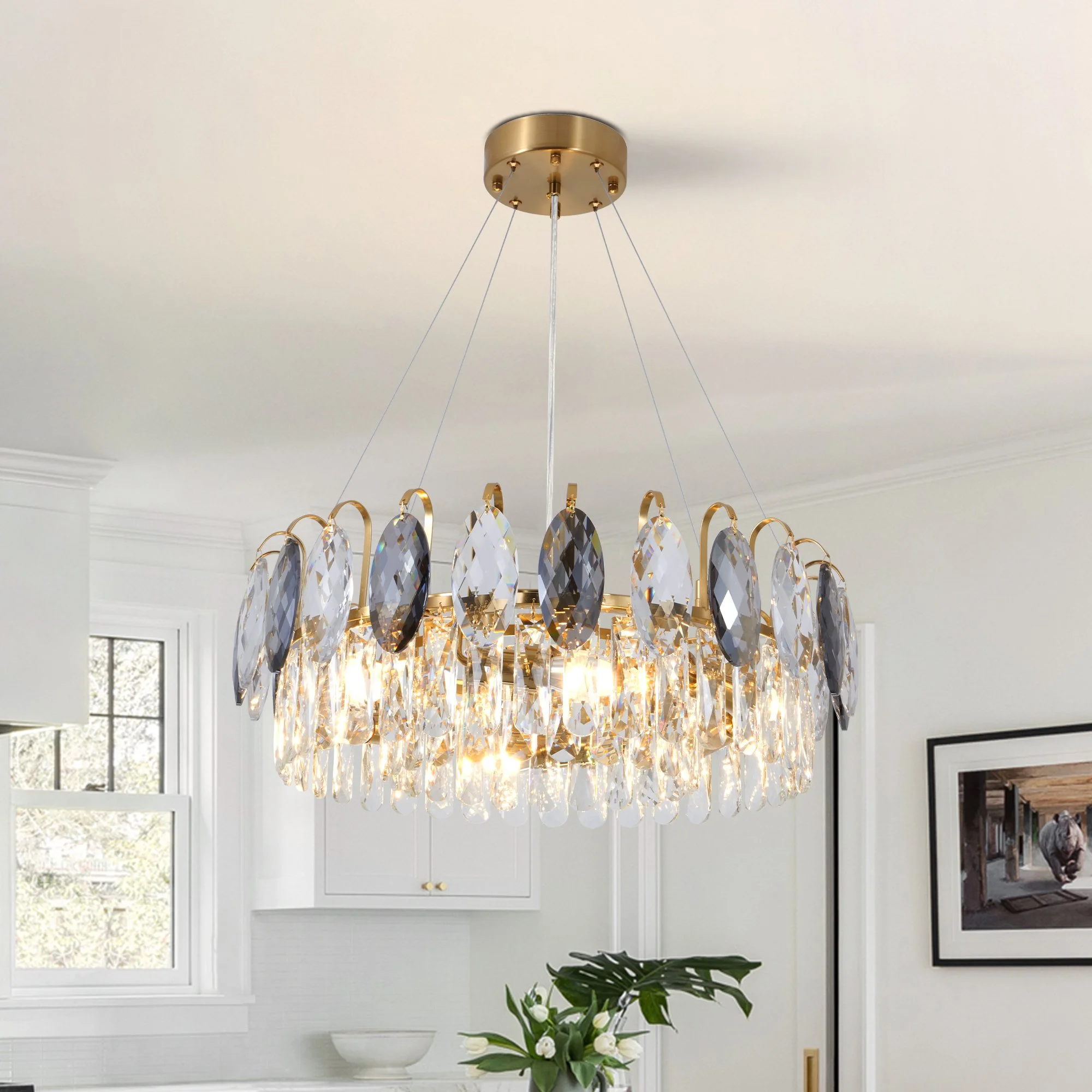24-inch crystal chandelier with gray and clear crystals in modern living room
