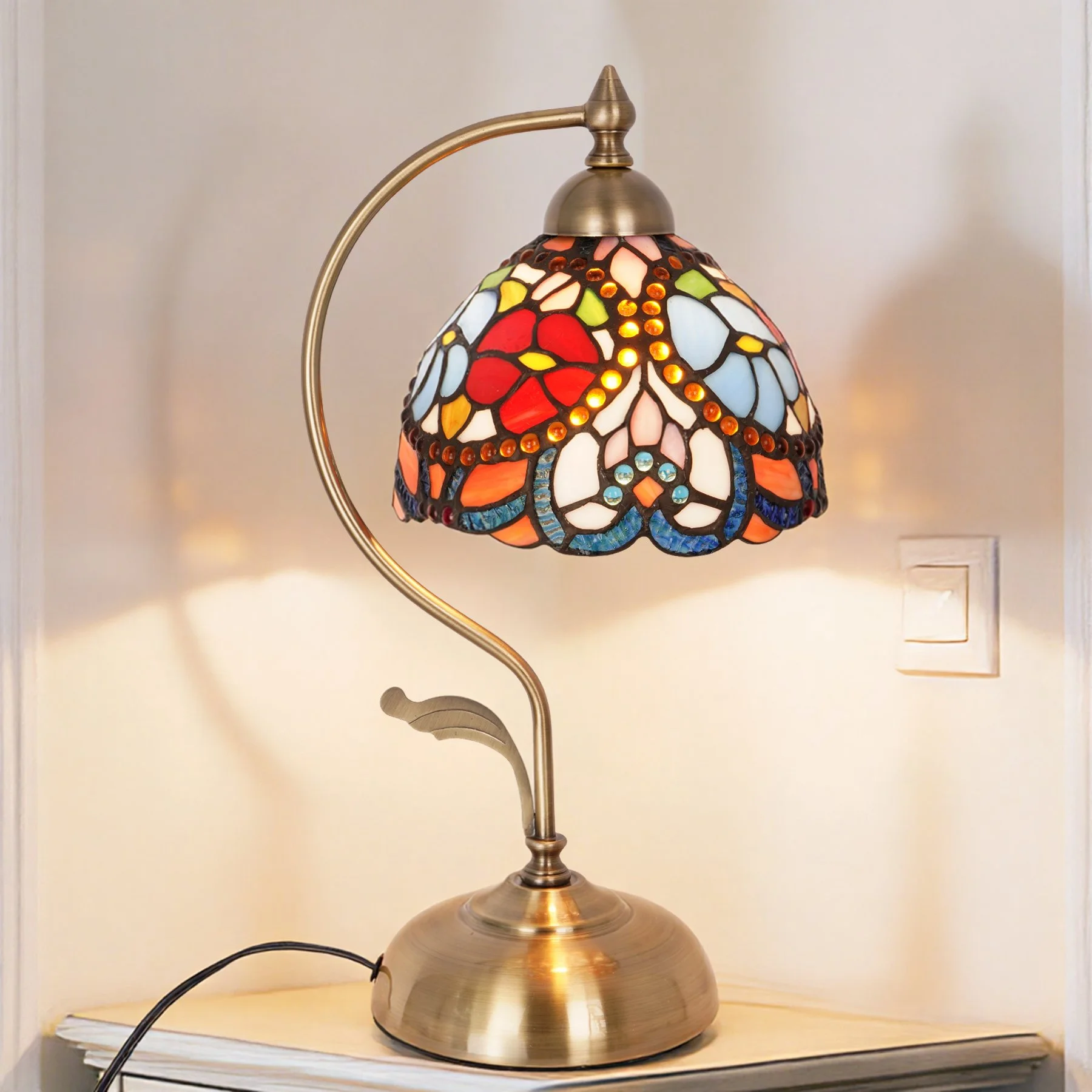 Blue Red Flower Bead Table Lamp Colorful Shade Iron Glass E26 US Plug Line Switch for Bedroom Living Room