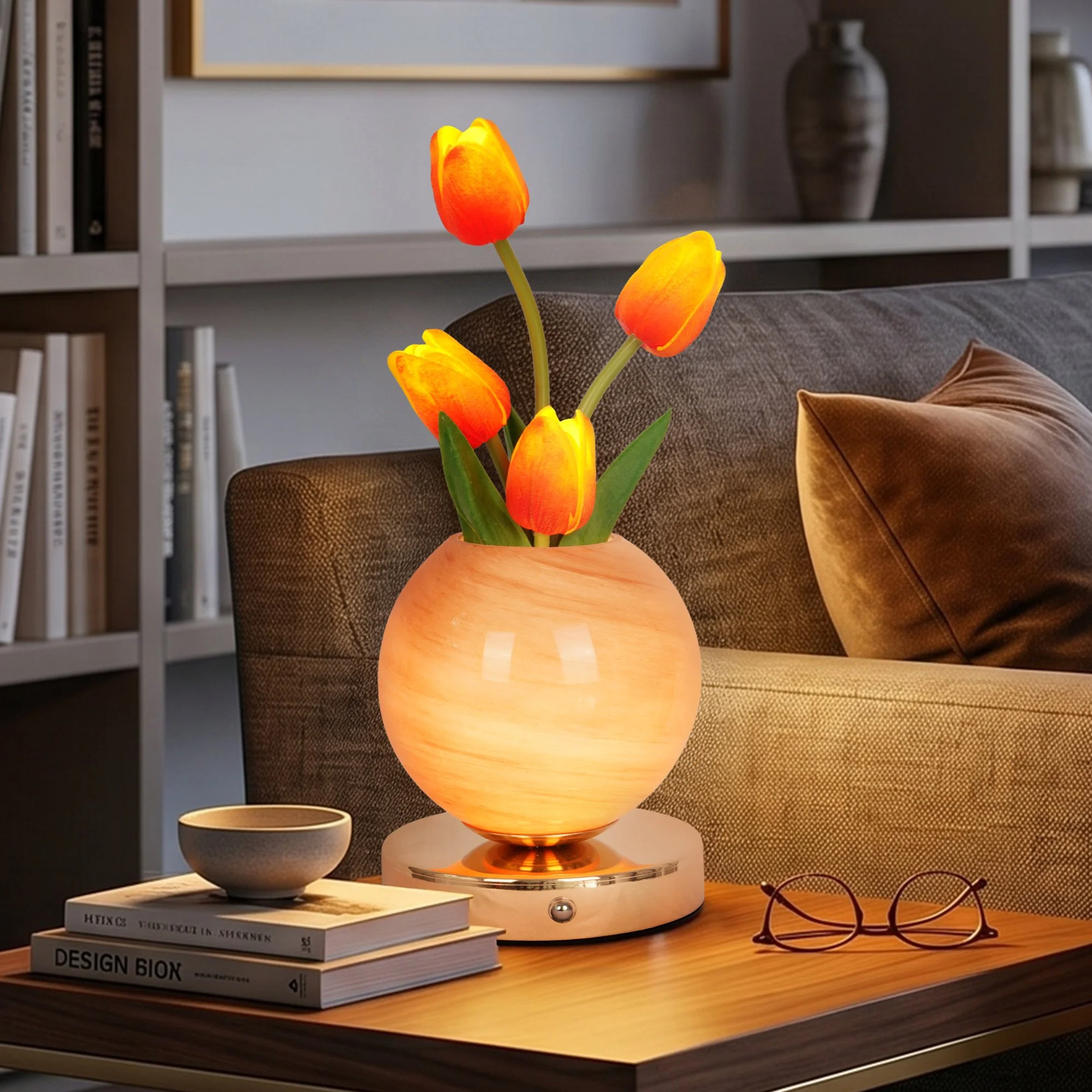 Orange Tulip Flower Table Lamp Touch Control 3 Color Light With USB Charging