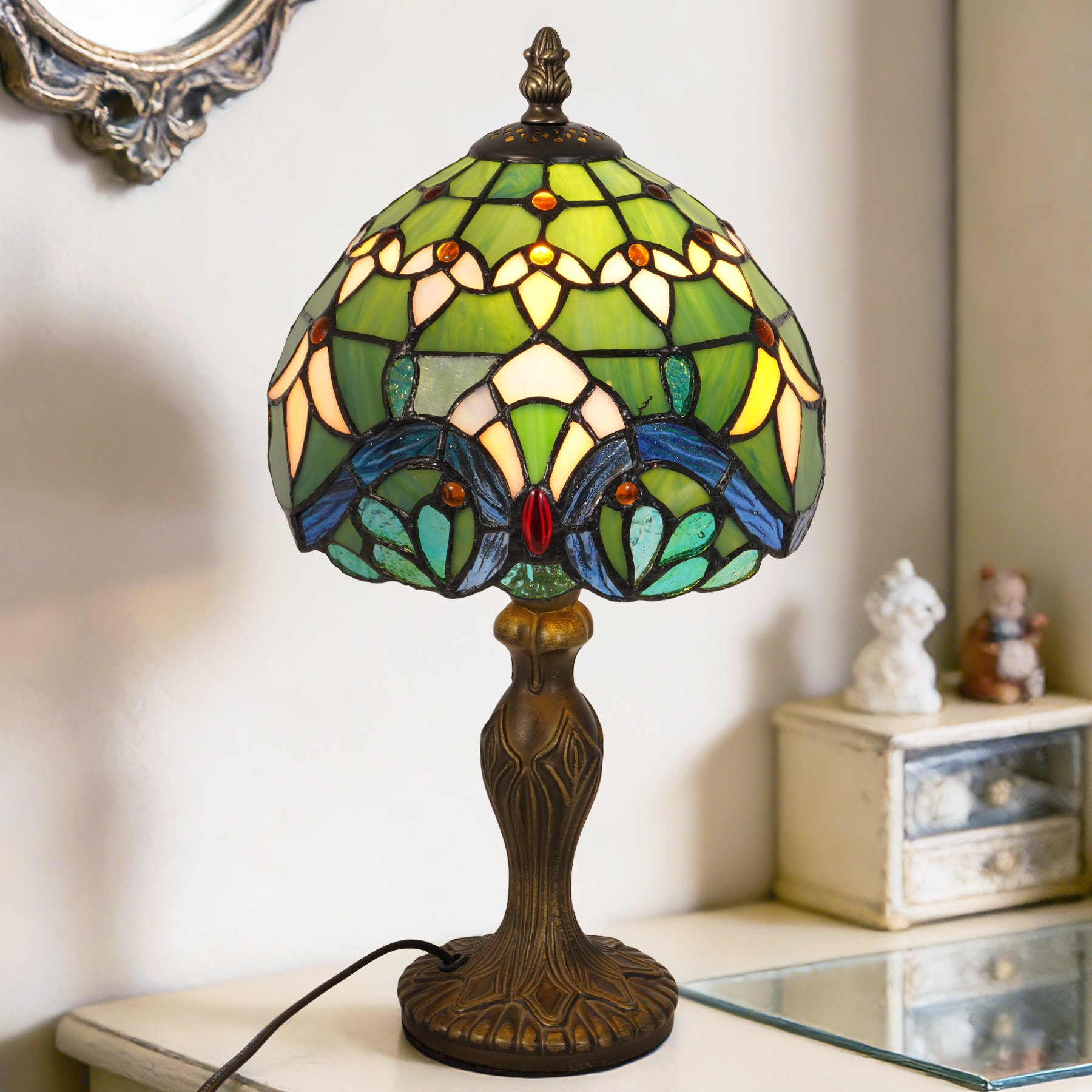 Green Baroque Stained Glass Table Lamp Vintage Bronze Decorative Lamp For Bedroom Living Room