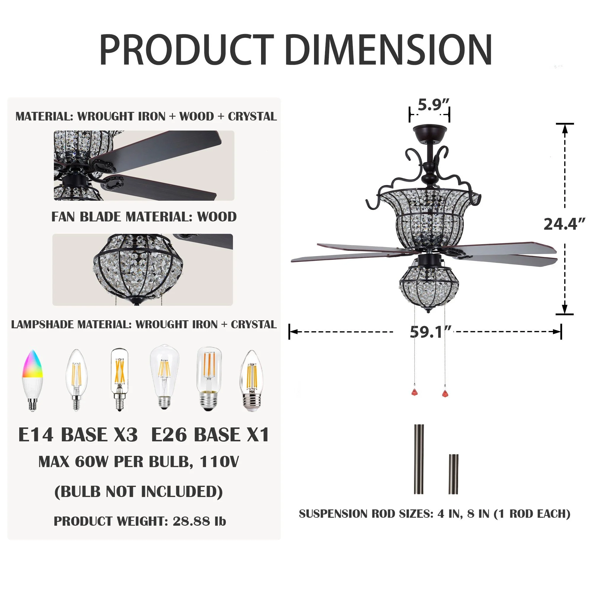 52-inch crystal ceiling fan dimensions with 24.4-inch height, five wood blades and E14 and E26 bulb sockets