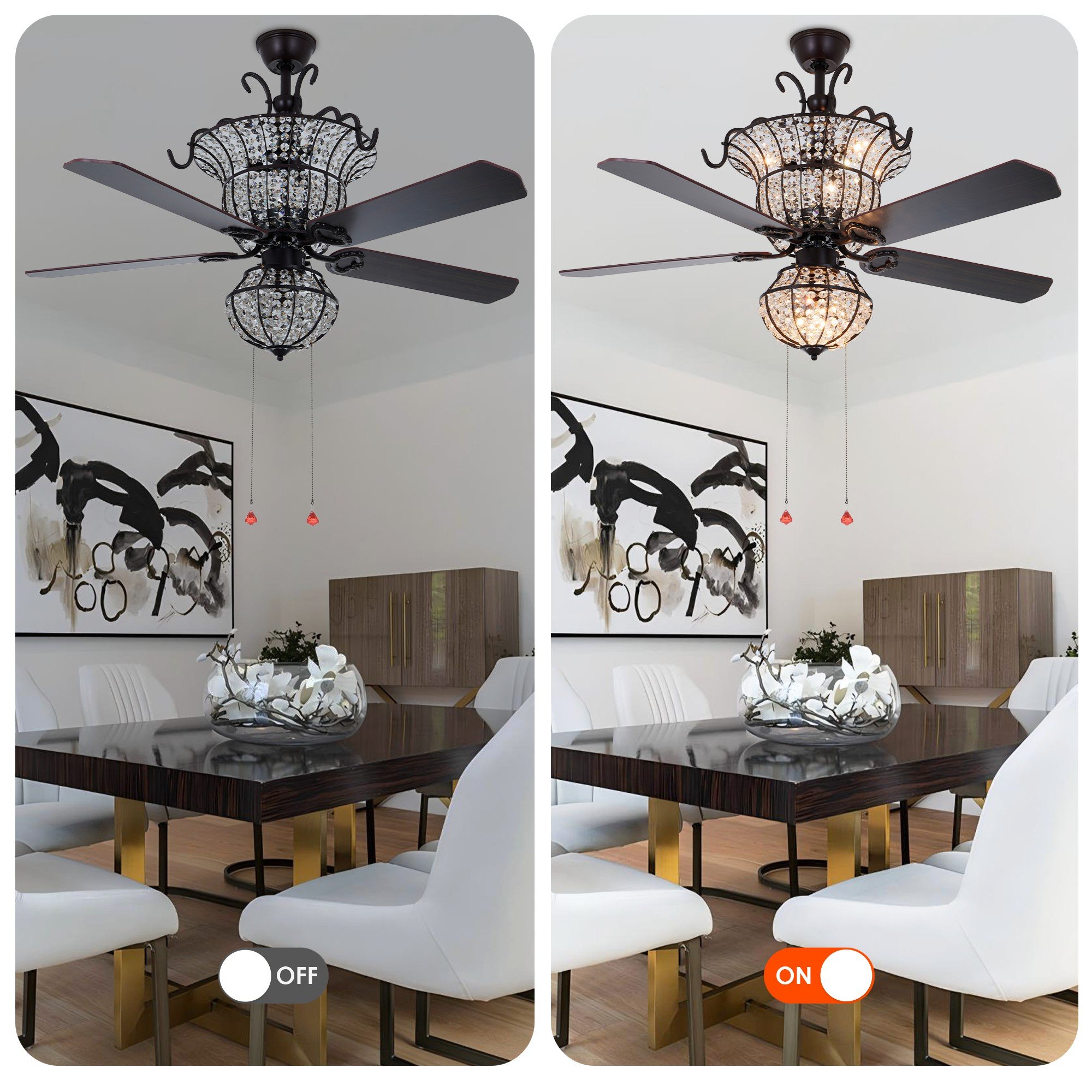 Crystal chandelier ceiling fan light-off and light-on comparison showing warm illumination over a dining room
