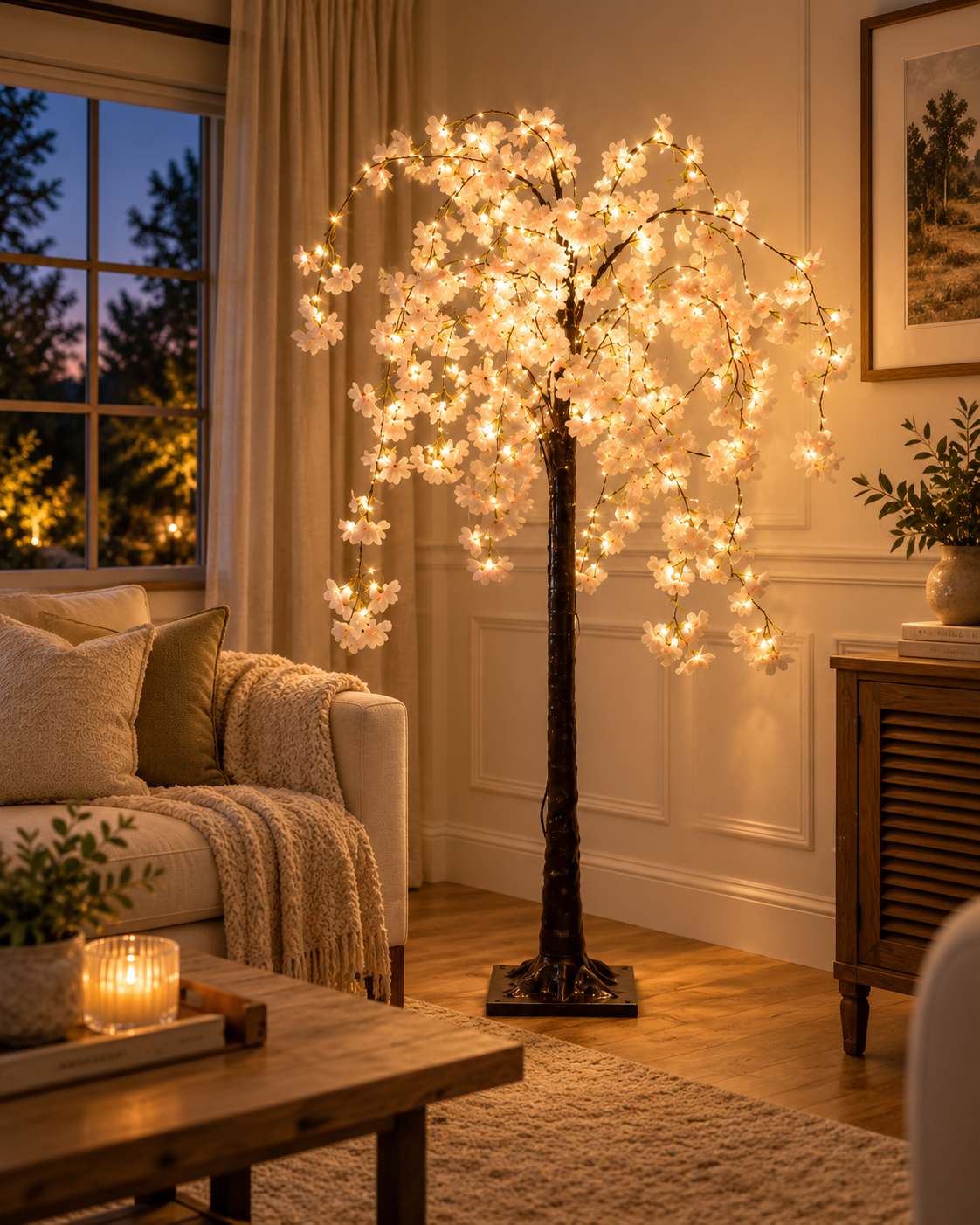 Cherry Blossom Tree Floor Lamp with Warm White LED Lights in a Cozy Living Room