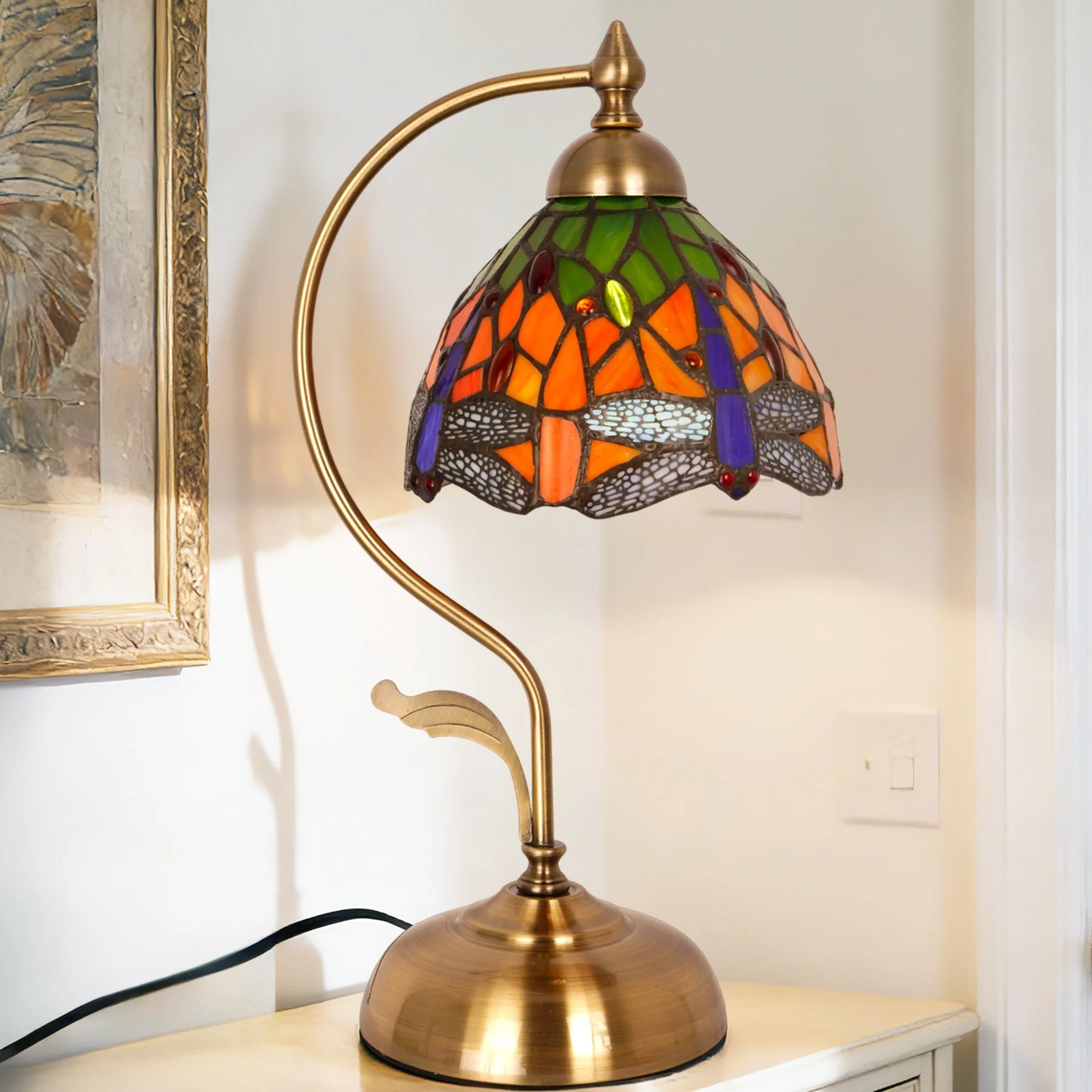 Dragonfly Small Table Lamp Colorful Shade Iron Glass E26 US Plug Line Switch for Bedroom Living Room