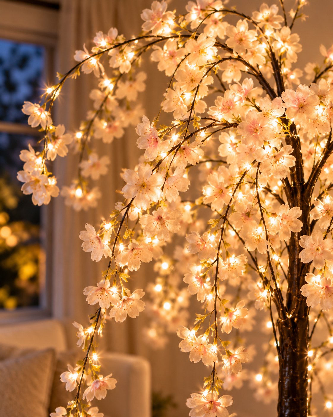 Close-Up of Illuminated Cherry Blossom Branches with Warm White LED Lights