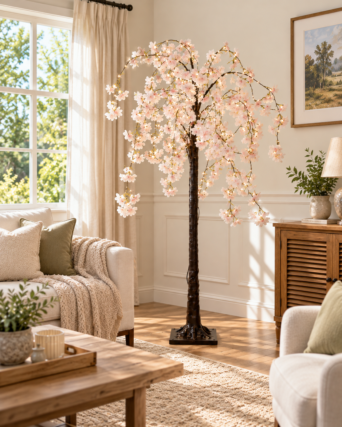 Cherry Blossom Tree Floor Lamp Displayed in a Bright Living Room with Natural Daylight