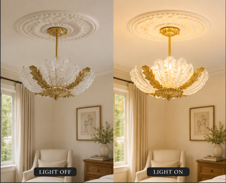 French shell glass chandelier light-on and light-off comparison showing warm ambient bedroom illumination